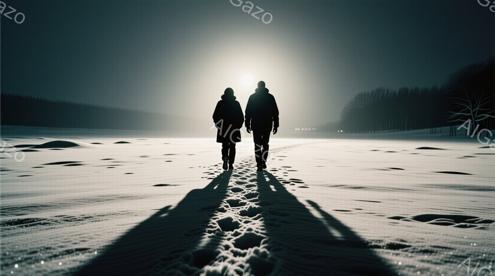 雪原を男女が並んで歩いているシルエットが描かれている。二人は暗い色のコートを着ており、後ろ姿からは表情や髪型は伺えないが、長い影が雪の上に伸びている。背景には木々のシルエットがぼんやりと見え、空は白く光り、まるで冬の静寂を際立たせるかのような幻想的な雰囲気を醸し出している。