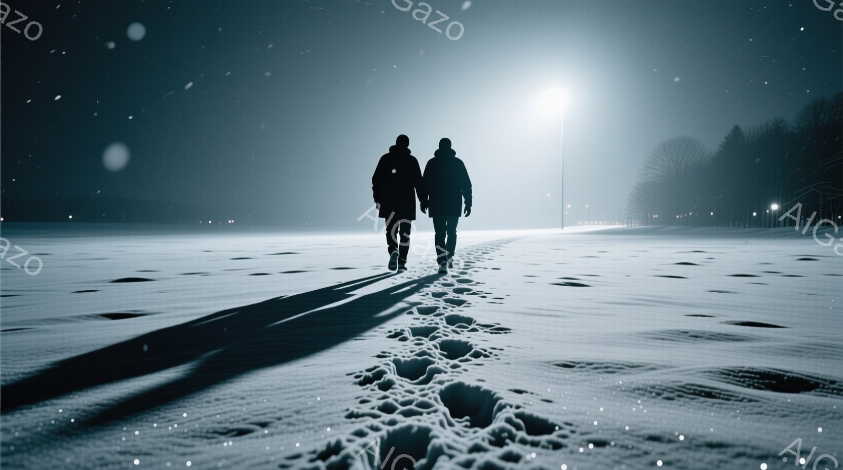 雪景色の中、二人の人物が足跡を残しながら歩いている。彼らは黒いコートを着ており、後ろ姿からは表情は読み取れないが、静かで穏やかな雰囲気が漂う。背景には暗い木々が広がり、雪が舞う夜空にはぼんやりとした光が灯っている。