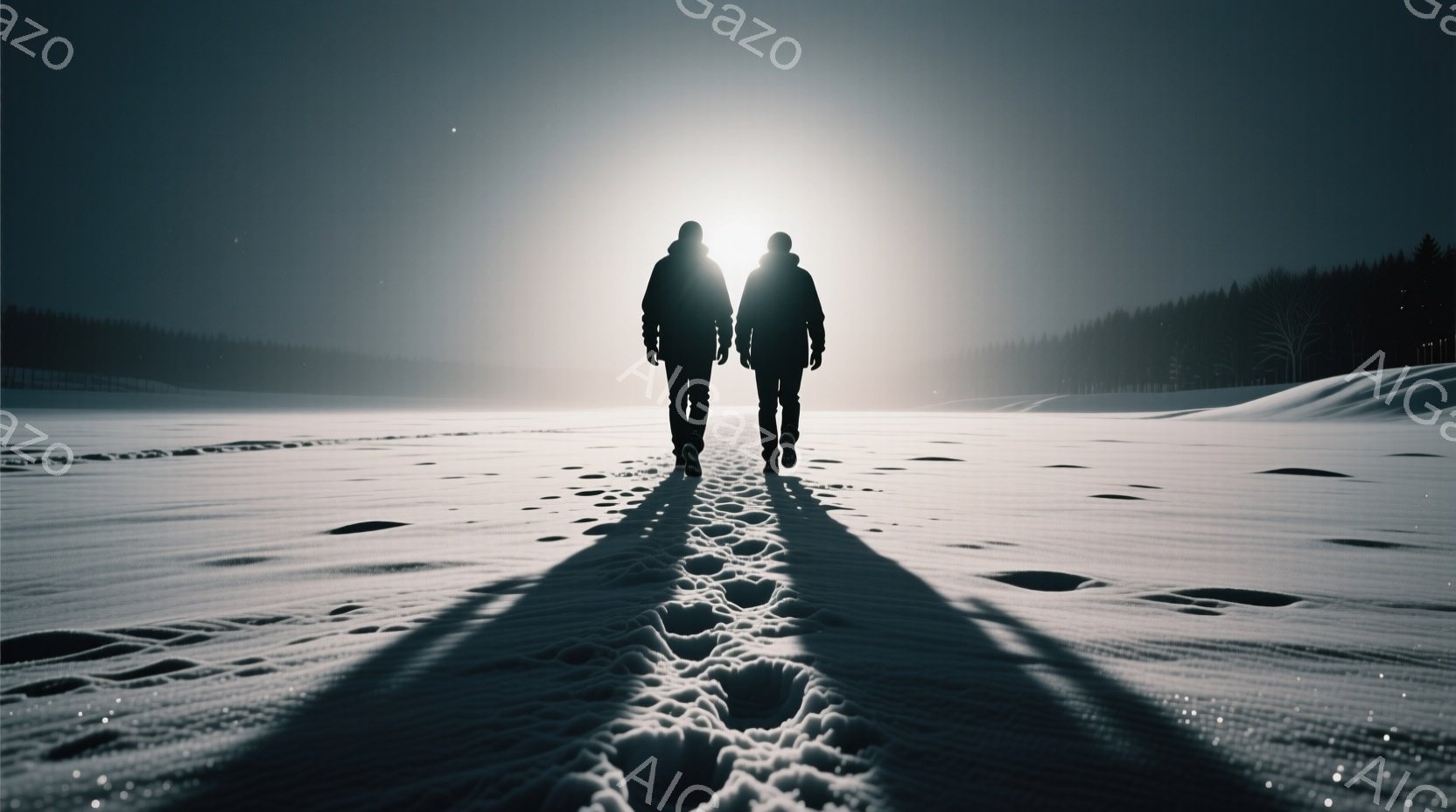 雪原を二人の人物が歩いているシルエットが印象的な画像です。彼らは黒いアウターを着ており、髪型や表情は影で見えません。背景には雪に覆われた平原と遠くの森林が広がり、薄暗い空模様が静寂な冬の風景を作り出しています。