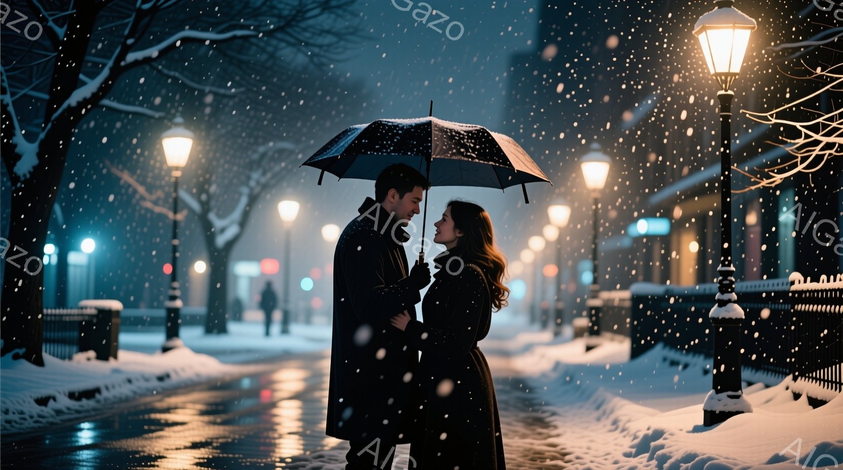 雪の降る夜、一対の男女が寄り添い、黒いコートを着て、傘の下で暖を求めている。女性はロングヘアで、男性は短髪、二人は互いを見つめ合い、優しい微笑みを浮かべている。背景には雪で覆われた街並みと、灯りの温か - AI生成フリー素材