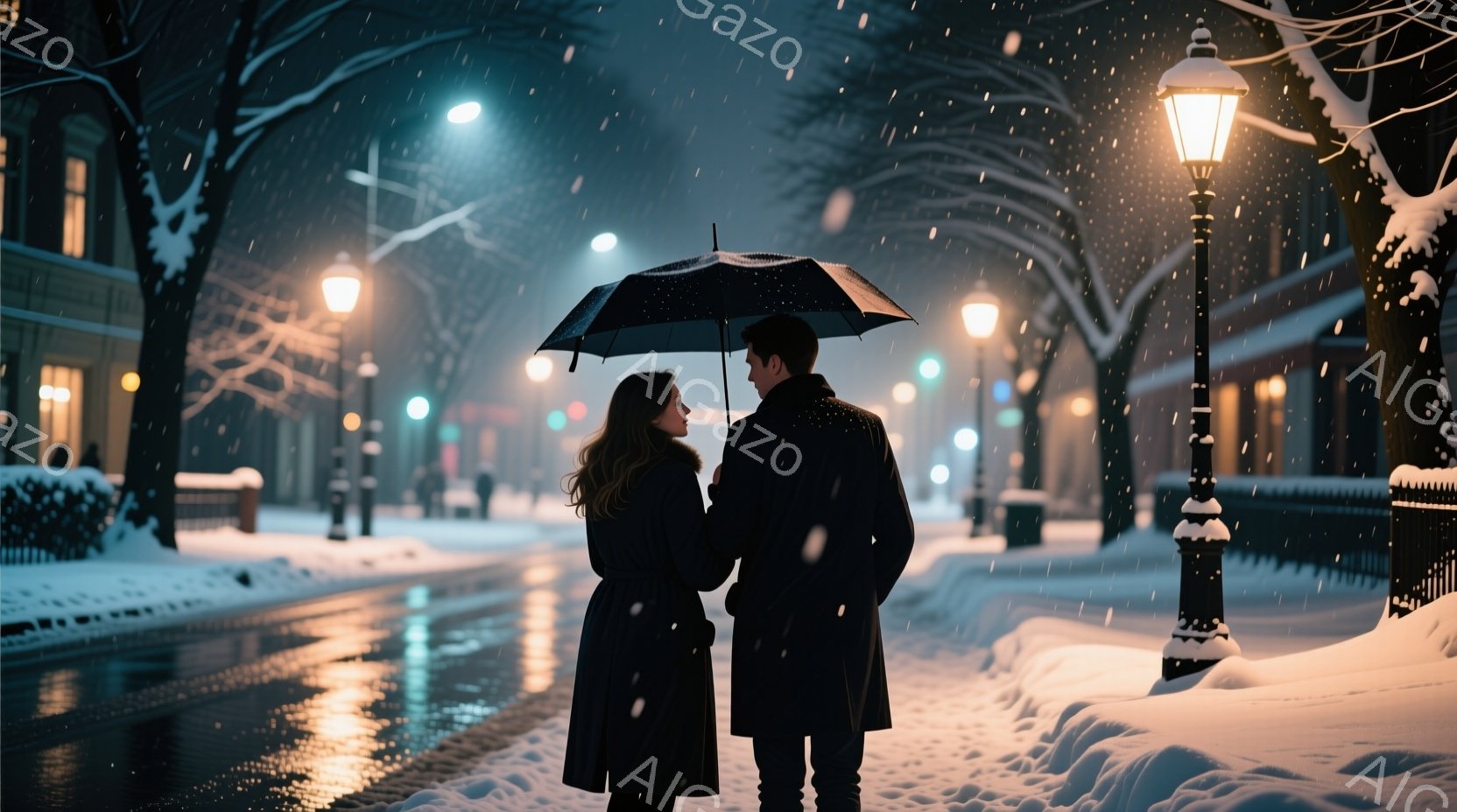 雪が降る夜の街並みを、コートを着た男女が寄り添って歩いている。女性はロングヘアで赤いリップが印象的、男性は黒いコートを着ており、二人は傘を共有しながら互いを見つめ合っている。背景には雪で覆われた建物や - AI生成フリー素材