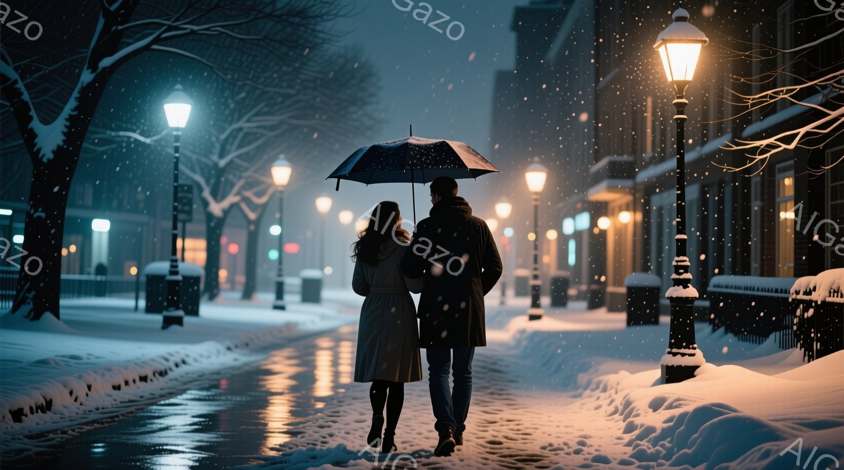 雪が降る夜の街並みを、コートを着た男女が寄り添いながら歩いている。女性は長い茶髪で、ベージュのコートを着ており、男性は黒いコートとジーンズ姿で、大きな黒い傘をさしている。街路樹や建物が雪で覆われ、ガス灯の明かりが雪景色を照らし出し、ロマンチックで静謐な雰囲気を醸し出している。