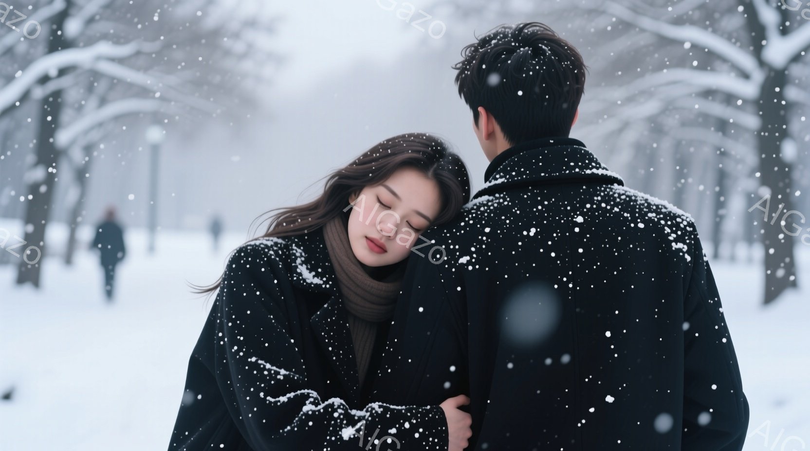 雪が舞う公園で、一人の女性が男性に寄り添っている。女性は長い黒髪で、薄いピンク色の口紅を塗り、目を閉じて穏やかな表情をしている。二人は黒いコートを着ており、背景には雪に覆われた木々と遠くに見える建物がぼんやりと見える、冬の静かでロマンチックな雰囲気が漂っている。