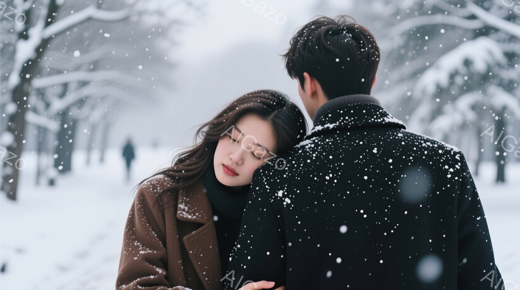吹雪の中に寄り添うカップルの姿が描かれています。女性は茶色のコートと黒いセーターを着ており、長くゆるやかなウェーブヘアが肩にかかっています。男性は黒いコートを着ており、二人は互いに体を寄せ合い、吹雪の中で温もりを求めているような穏やかな雰囲気です。