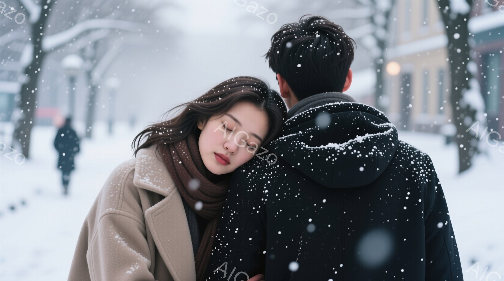 暖かいベージュ色のコートを着た女性が、黒いパーカーを着た男性に寄り添い、目を閉じています。二人は雪が降る公園に立っており、背景にはぼやけた建物と木々が見えます。雪景色と寄り添う二人の姿から、静かで温かい冬の雰囲気が伝わってきます。