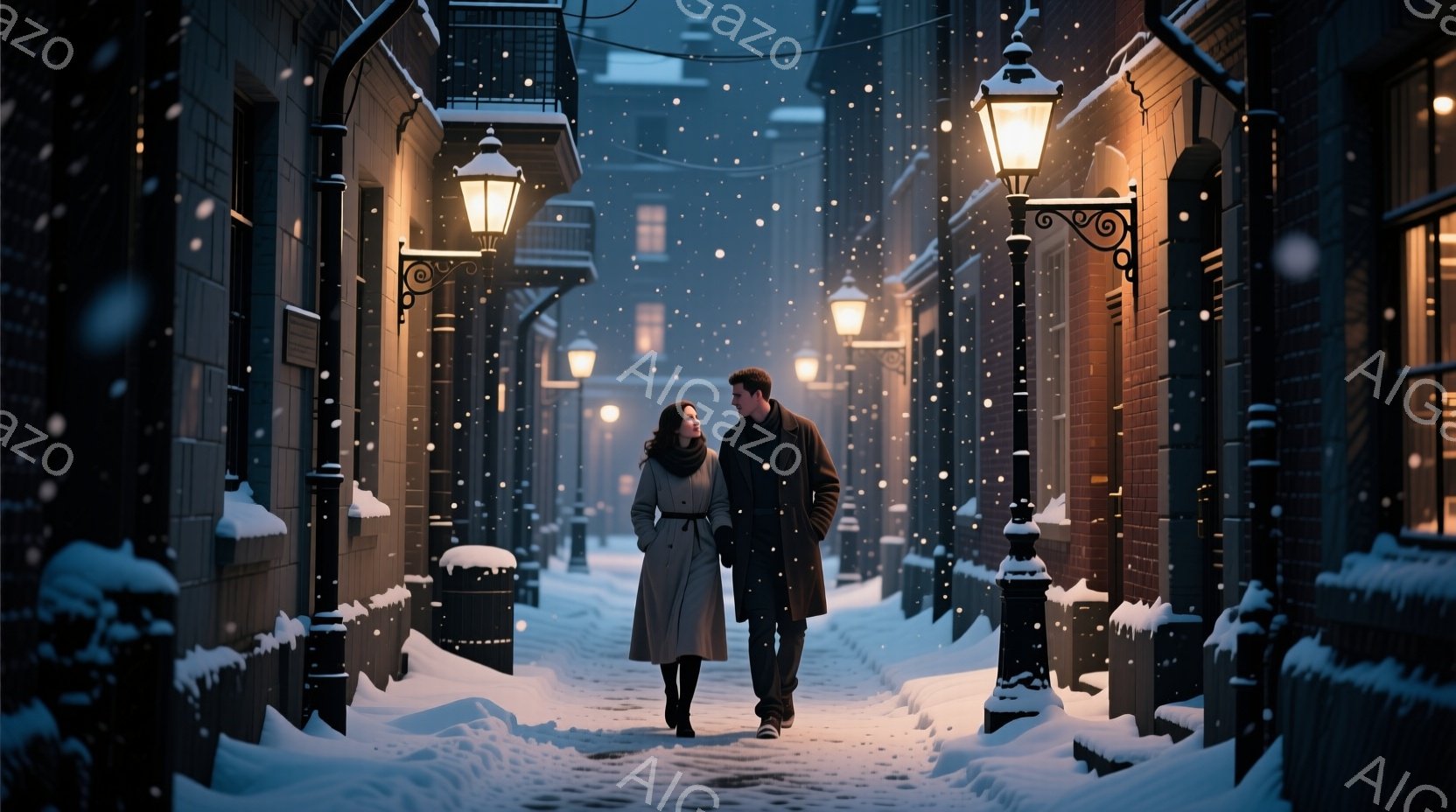 雪が舞う夜の石畳の道を行く男女が描かれています。女性はロングコートにスカーフを巻き、男性はダークコートを着ています。背景にはレンガ造りの建物が並び、街灯が暖かく光を放ち、ロマンチックで幻想的な雰囲気を醸し出しています。
