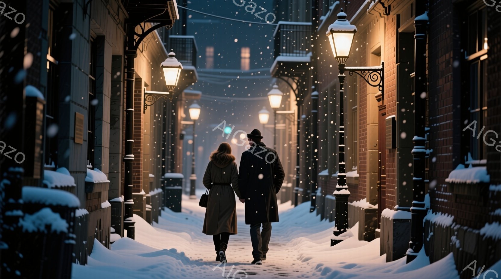 雪が降り積もる石畳の道を行く男女が描かれている。女性は長い茶色の髪で、茶色のコートを着用し、男性は黒いコートと帽子をかぶっている。背景にはレンガ造りの建物が並び、ガス灯が灯り、冬の静かでロマンチックな雰囲気を醸し出している。