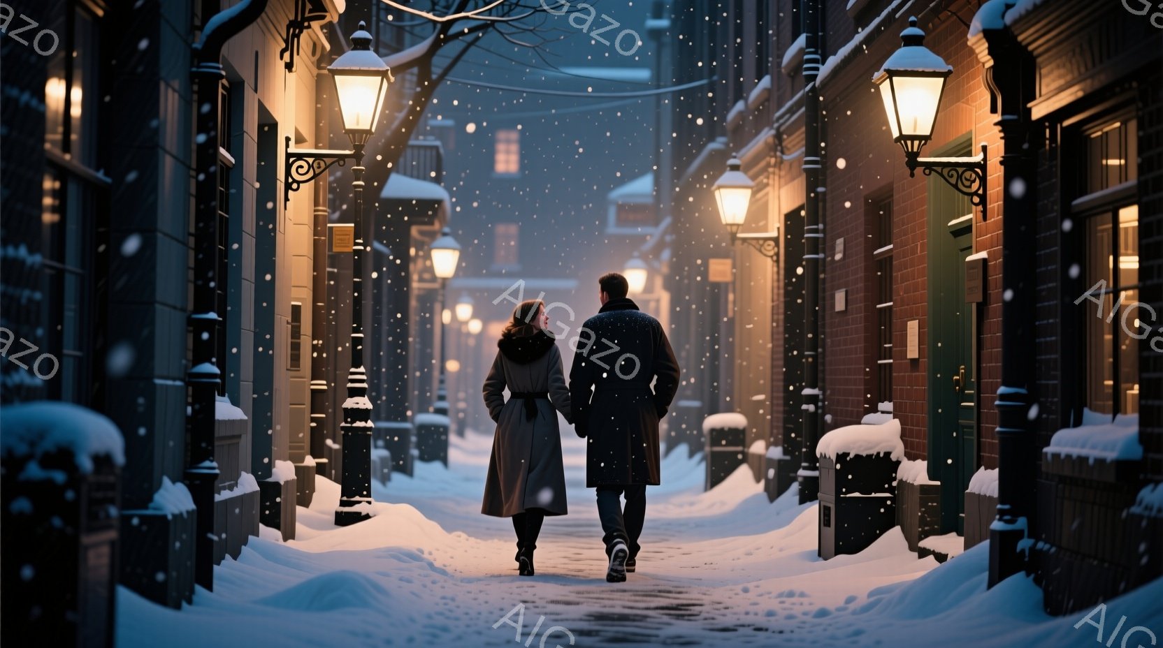 雪が降る石畳の道を行く男女が描かれています。女性は赤いニット帽をかぶり、黒いロングコートを着ており、男性は黒いコートを着ています。両者は手をつないでおり、暖かい光を放つガス灯が並ぶ、冬の静かでロマンチックな雰囲気を醸し出しています。