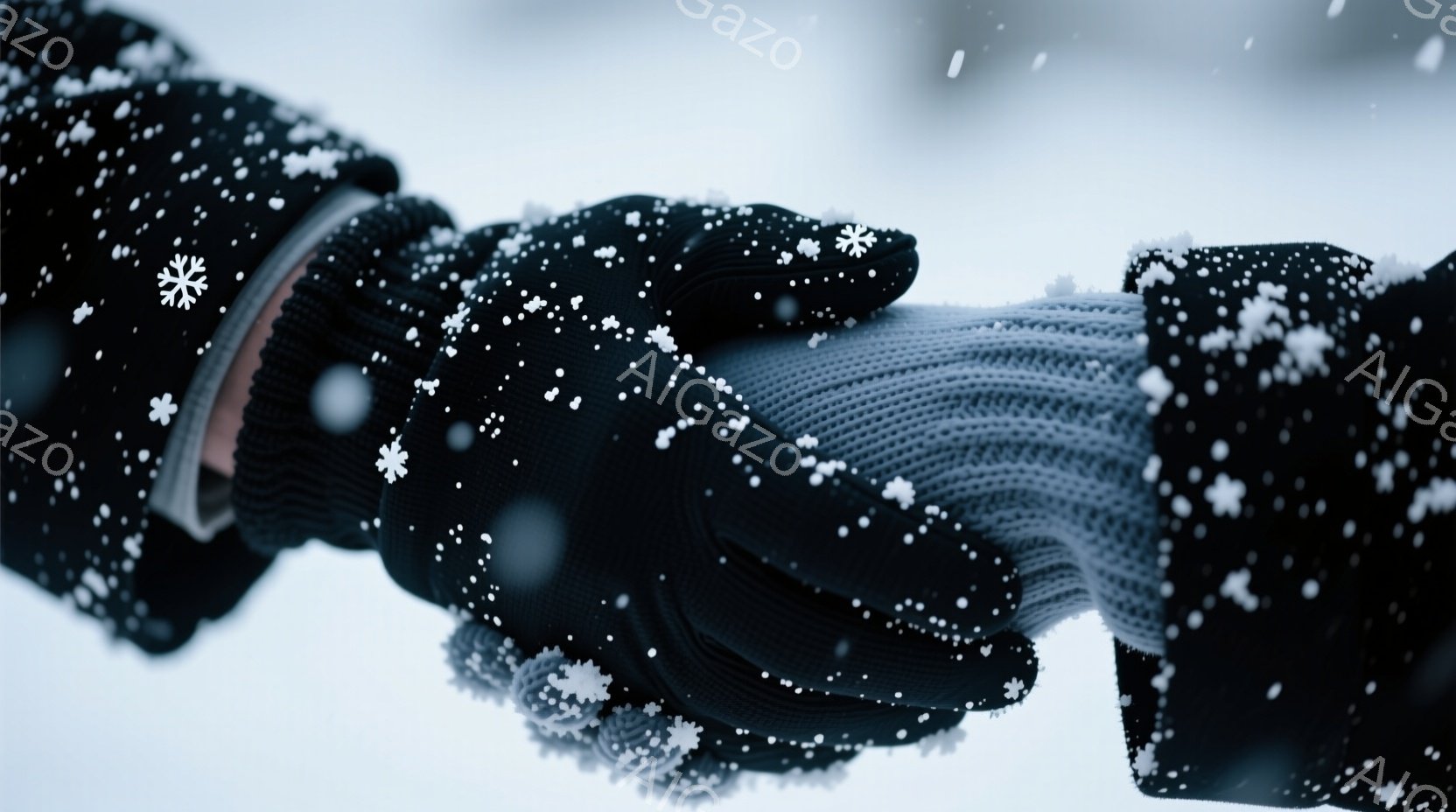 雪が舞う中で、手袋をはめた二人の手が触れ合っている様子が捉えられています。片方の手袋は黒で、もう片方はグレーのニット製で、雪が積もって白くなっています。背景は白く、雪景色が広がり、温かく親密な雰囲気を醸し出しています。