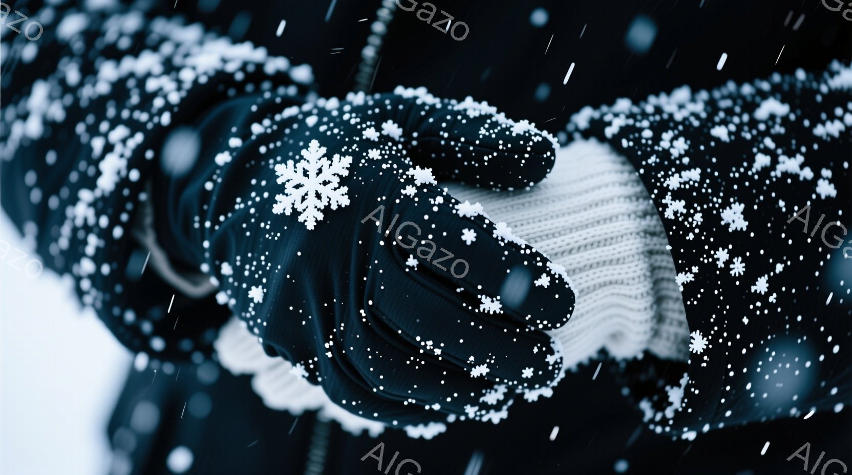 降雪の中で、黒い手袋をはめた手が、白いニットのセーターを覆っている様子が写っている。雪片が手とセーターに降り積もり、冬の冷たい空気感と静寂さを表現している。背景は白く、雪が激しく降っている様子が伺える。