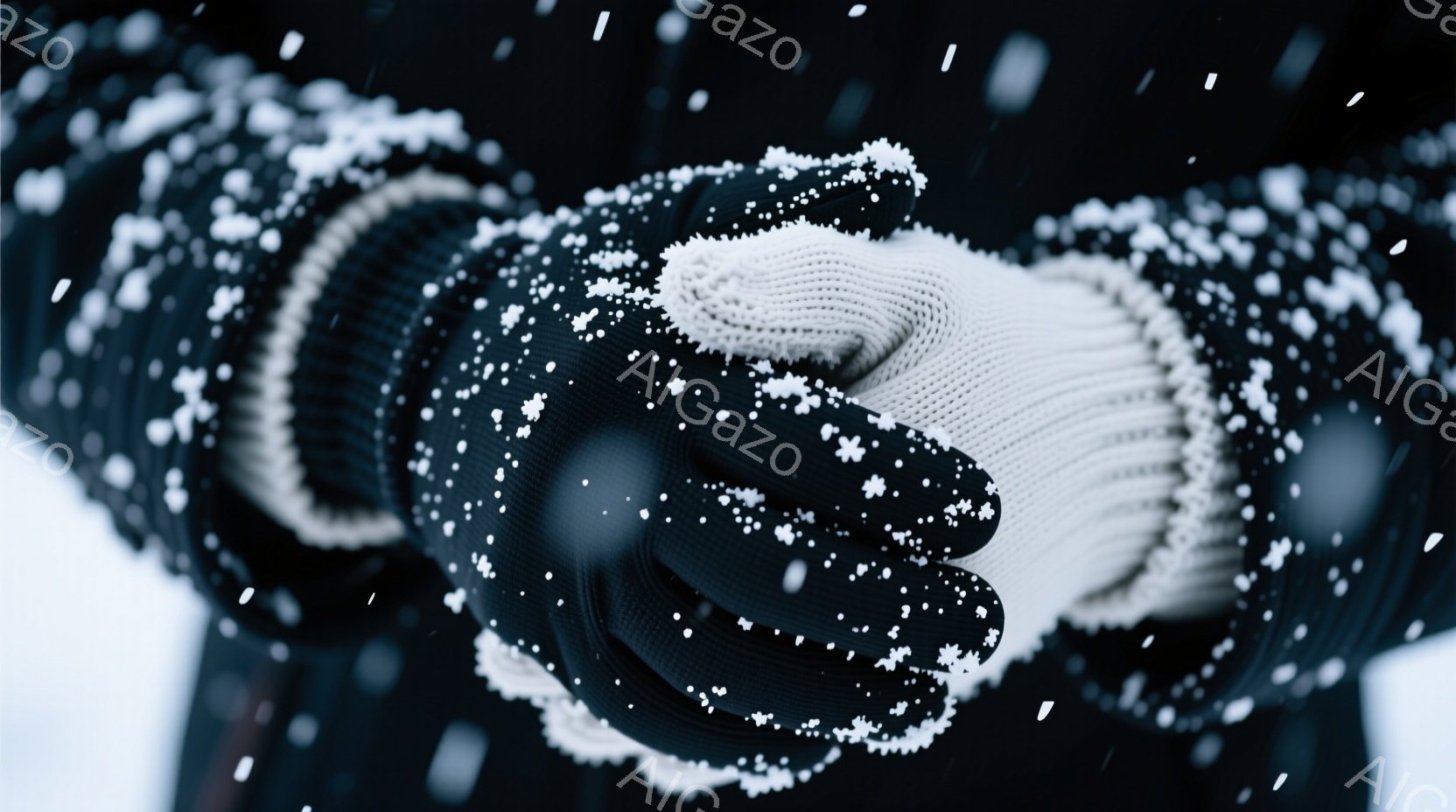濃い紺色のニット手袋が雪片に覆われ、まるで雪の結晶のようになっています。手袋は親指と人差し指で円を作り、何かを捉えようとしているか、もしくは雪片を観察しているかのようです。背景は白く、雪が降っていることがわかります。