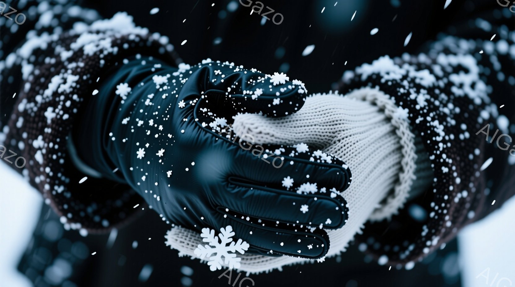 紺色の手袋とクリーム色のニットのミトンを重ねた、冬の日の手の写真です。雪片が舞い散り、手袋とミトンにはうっすらと雪が積もっています。背景は暗く、雪が降る冬の日の寒さと静けさの雰囲気を醸し出しています。