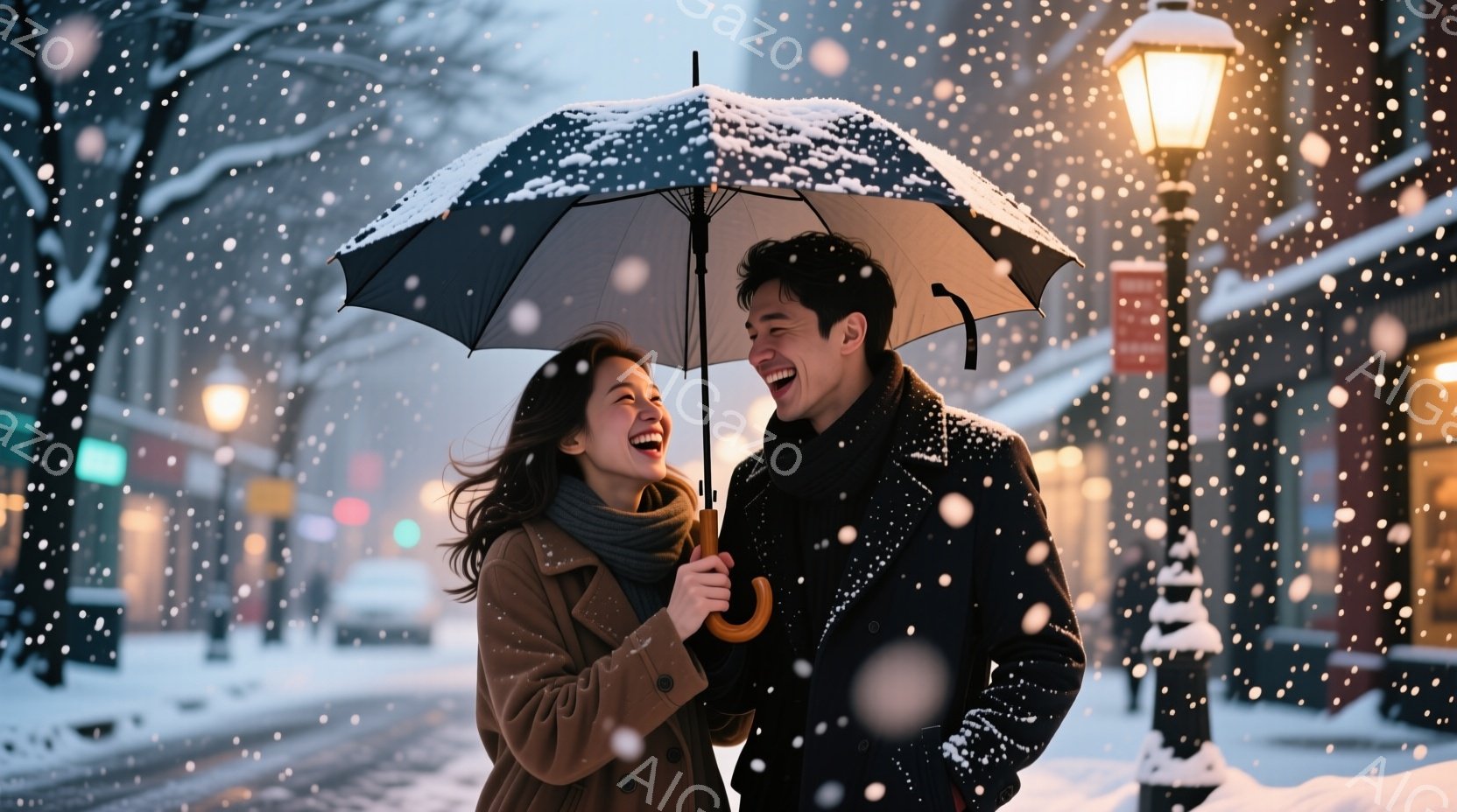 雪が降る街並みを、若い男女が笑顔で歩いている。女性はキャメルの色をしたコートにオレンジ色のマフラーを巻き、長い髪を風になびかせている。男性は黒いコートを着ており、二人は傘を共有し、幸せそうで、背景には - AI生成フリー素材