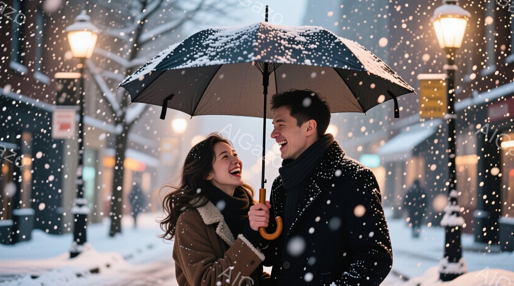 雪が降る街中で、若い男女が寄り添って笑っている。女性は茶色のコートに長い髪、男性は黒いコートにマフラーを巻いており、二人は傘の下で互いに顔を見合わせている。背景には、雪に覆われた建物や街灯があり、全体的に温かく幸せな雰囲気が漂っている。