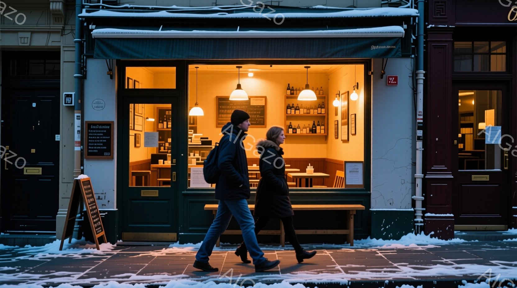道路を歩く男女が写っている。男性は黒い帽子と濃い色のコート、ジーンズを履き、女性は黒い冬用コートを着用している。背景には、照明が灯った店の窓が見え、地面には雪が積もっており、寒々しい冬の夜の雰囲気が漂 - AI生成フリー素材