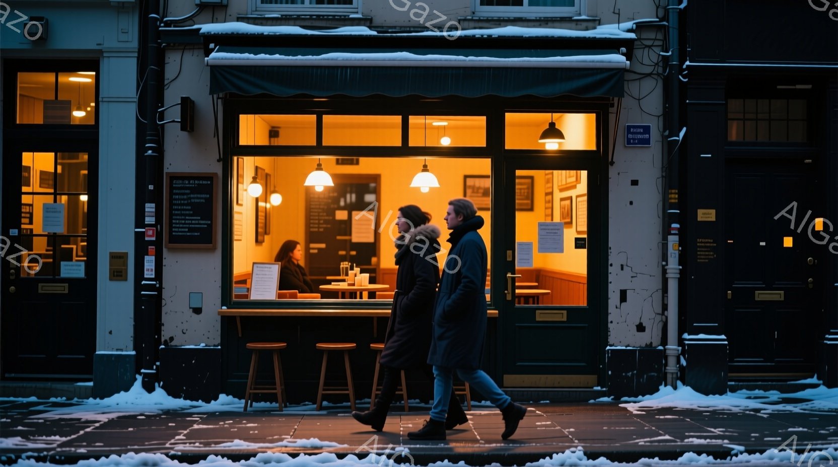 凍てつく夜の街並みで、二人の人物が暖色の光を放つカフェの前を歩いている。女性は明るい髪で、男性は黒いコートを着ており、二人とも歩くことに集中しているようだ。カフェの窓からは温かい光が漏れ出し、雪がちらつく暗い背景と対照的で、静かで落ち着いた雰囲気を醸し出している。