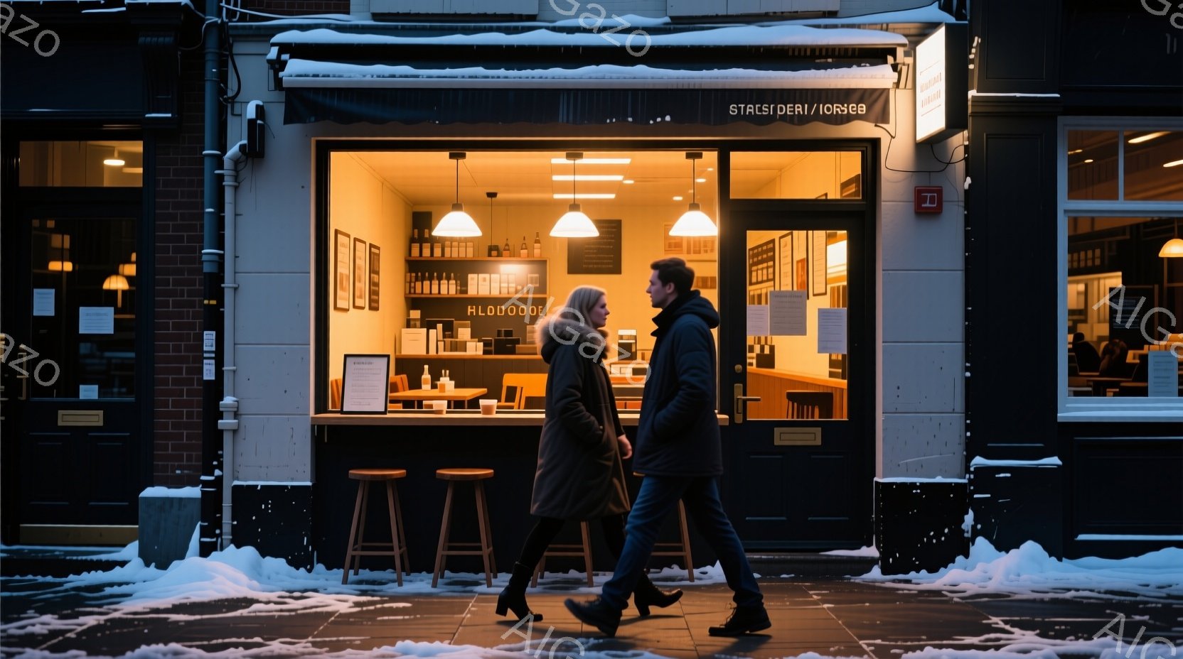 雪が降る街並みで、一対の男女が歩いている。女性はファーカラーのロングコートを着て、ハイヒールを履いている。男性は濃い色のコートを着て、歩くことに集中しているようで、背景には温かい光が差し込むカフェが見える。