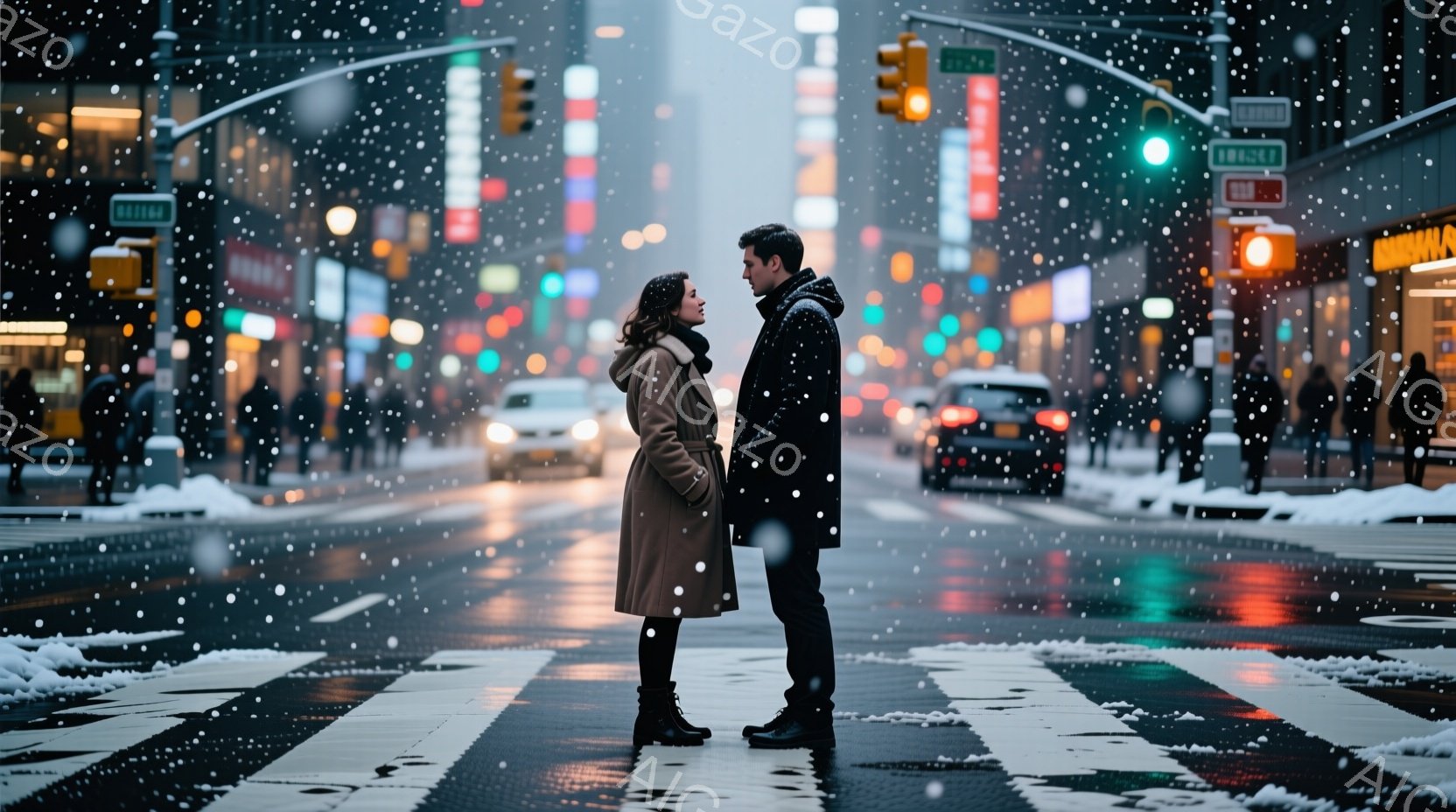 凍えるような雪の降る街中で、一対の男女が向かい合って立っている。女性はベージュ色のロングコートに黒いブーツを履き、ゆるやかに巻いた髪をしている。男性は黒いコートを着ており、二人は互いを見つめ合い、親密な雰囲気を醸し出している。