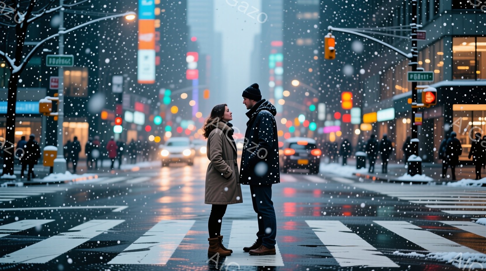 雪が降る街中で、男女が向かい合って立っている。女性はベージュのコートに茶色のブーツを履き、ゆるやかなウェーブの茶髪が肩にかかっている。男性は黒いコートと帽子を被り、女性を見つめており、二人の間には穏やかで親密な雰囲気が漂っている。