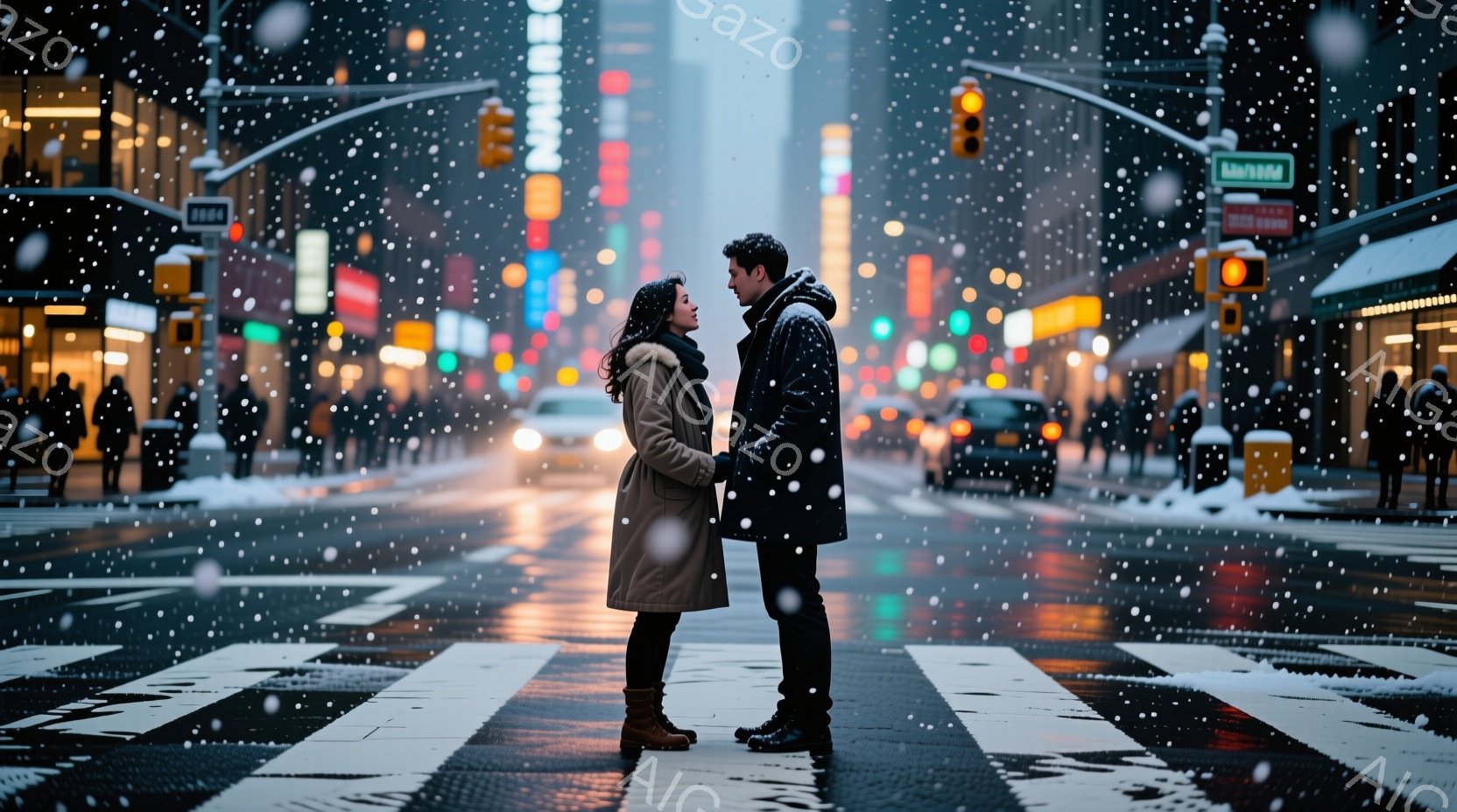 雪が降り積もるニューヨークの街中で、一対の男女が横並んで立っている。女性はキャメル色のコートに濃い色のブーツを履き、髪は肩までの長さで、顔は少し上向きに、相手を見つめている。男性は黒いコートと黒い靴を履き、女性と同じように相手を見つめており、二人は親密な雰囲気で寄り添っている。