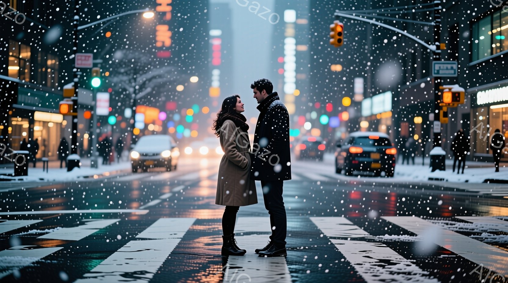 道路の中央で、若い男女が向き合って立っている。女性は茶色のコートに黒いブーツを履き、髪は肩まで伸びたウェーブヘアで、顔は少し上向きに見ている。背景は雪が降り積もる夜の都市の通りで、煌めく街灯と車のライトが濡れた路面に反射し、ロマンチックで暖かい雰囲気を醸し出している。