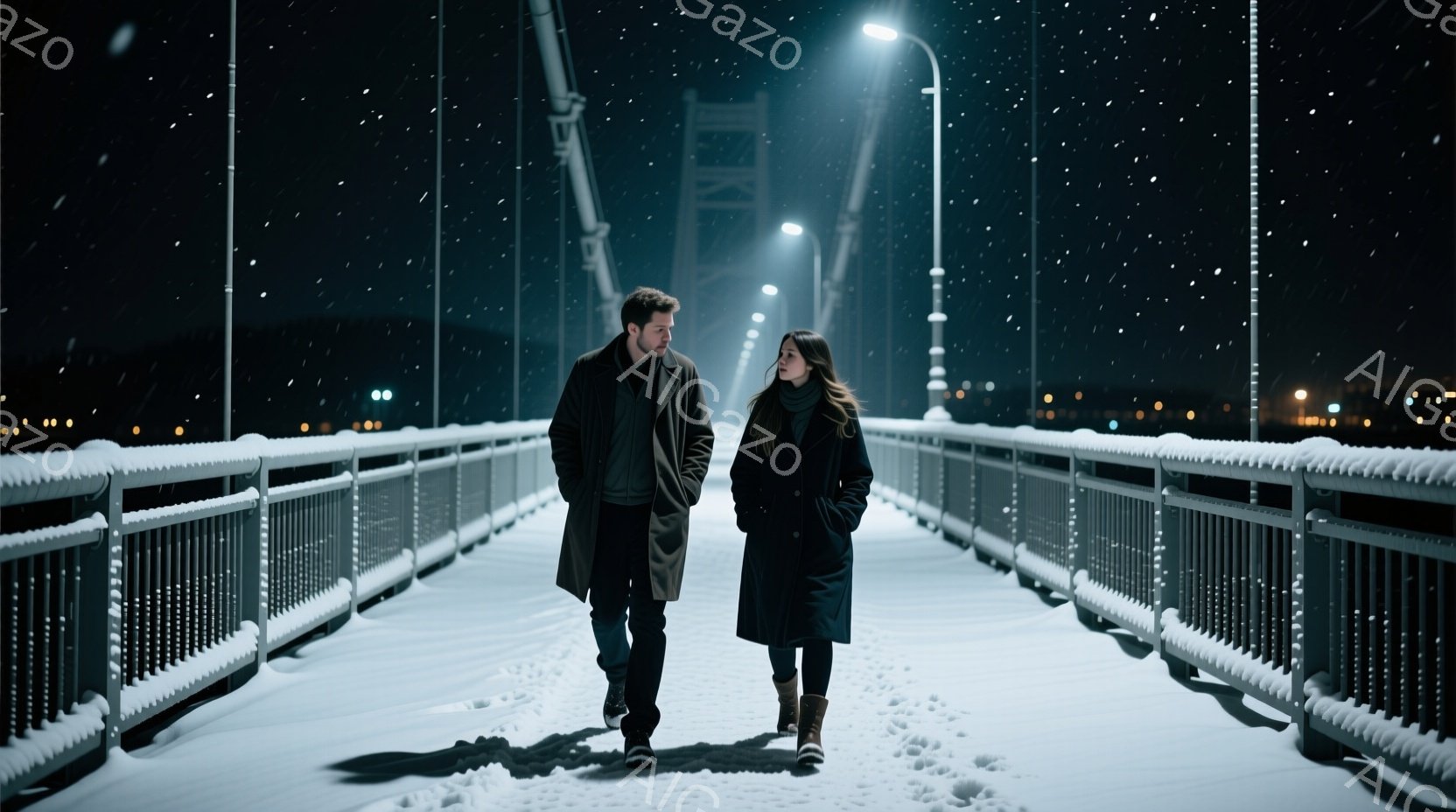 雪が降る橋の上を、一対の男女が歩いている。男性は黒いコートを着ており、女性は黒いロングコートとブーツを履いている。背景には夜景が広がり、橋は雪に覆われ、全体的に静かでロマンチックな雰囲気が漂っている。