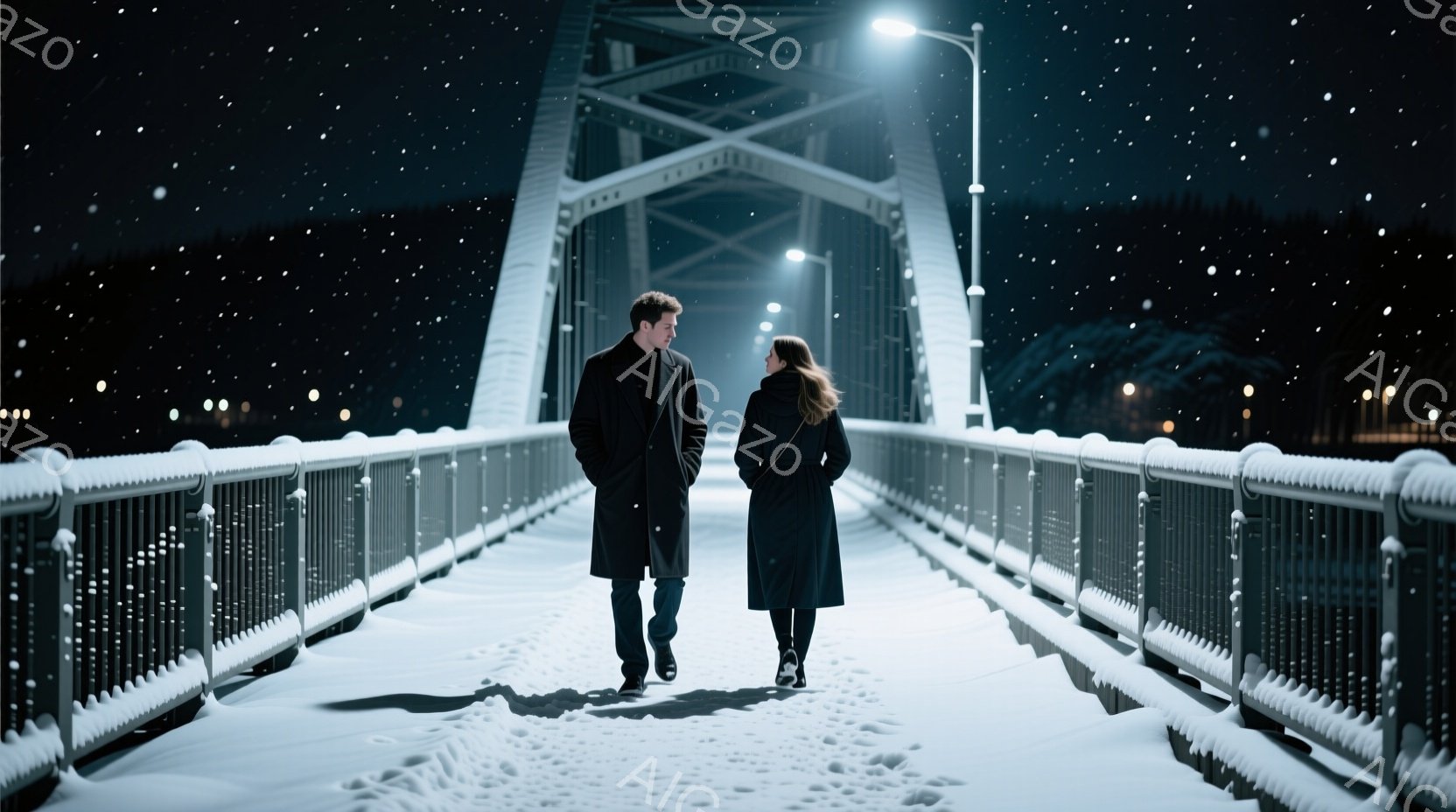 雪が降る夜、橋の上を男女が並んで歩いている。男性は黒いコートに黒いズボン、女性は黒いロングコートを着用しており、どちらも後ろ姿である。背景には雪に覆われた街並みが広がり、橋の構造と雪の降る様子が幻想的な雰囲気を醸し出している。