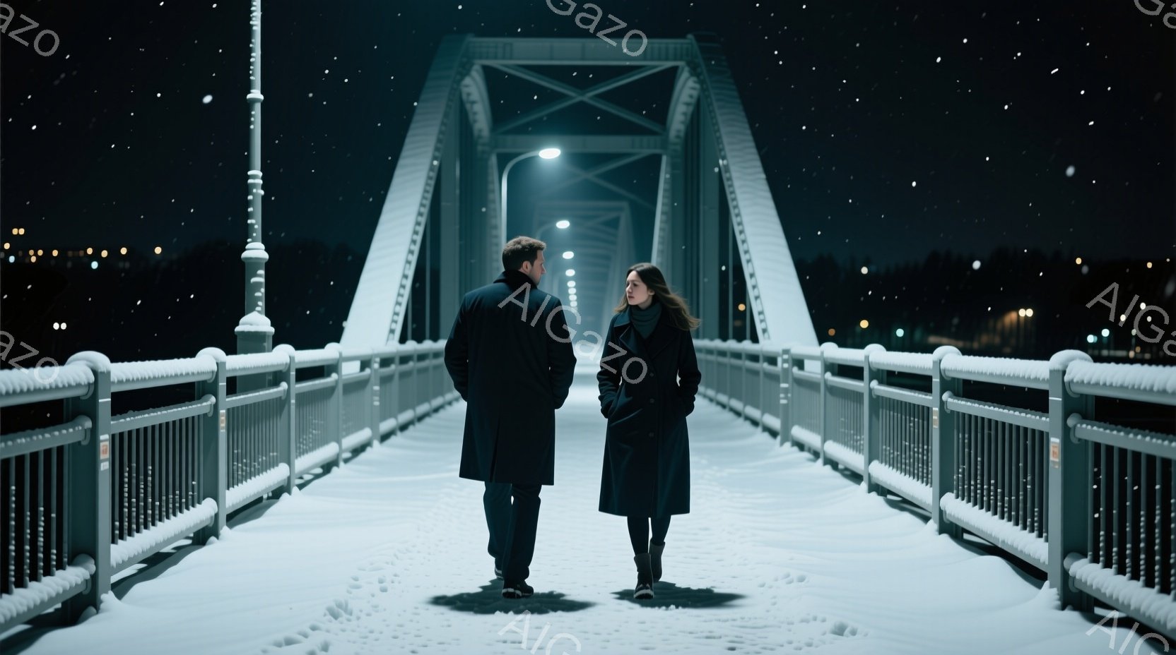 雪に覆われた橋の上を、コートを着た男女が背中を向けて歩いている。女性は長くストレートな髪で、男性は短髪で、二人とも表情は見えないが、静かで穏やかな雰囲気が漂っている。背景は暗く、遠くにぼんやりとした街明かりが見え、雪が降る冬の夜を表している。
