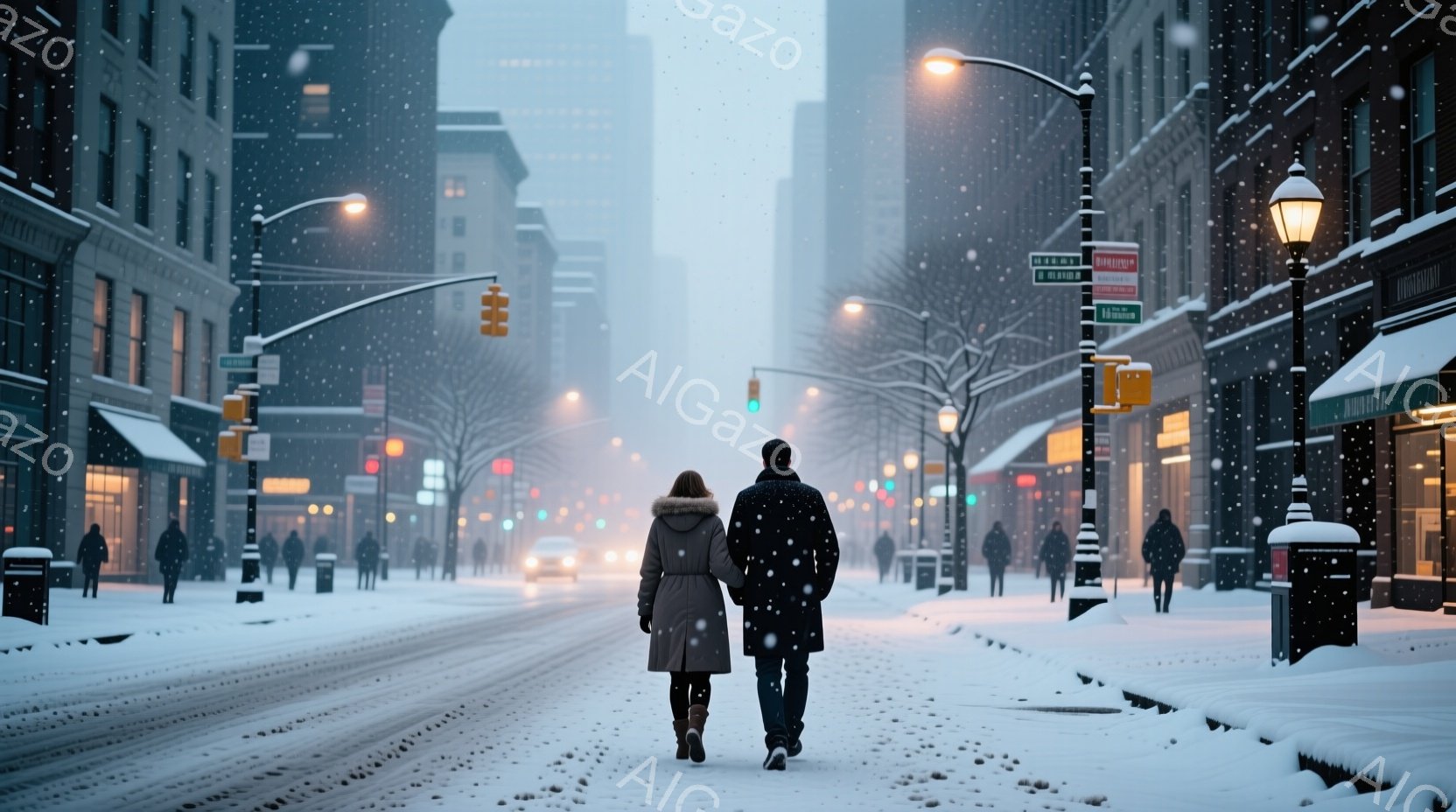 雪が舞う街並みを、コートを着た男女が並んで歩いている。女性はロング丈の白のコート、男性は黒のコートと帽子を着用し、背中を見せているため表情は伺えないが、ゆっくりと歩いている様子から穏やかな雰囲気が伝わる。背景には高層ビルや商店が立ち並び、雪景色と街灯の光が暖かく、静かでロマンチックな冬の日の雰囲気を醸し出している。