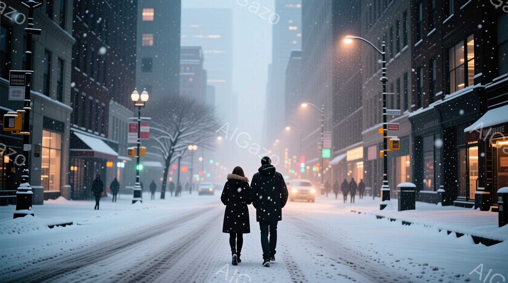 雪が舞うニューヨークの街並みを、黒いコートを着た男女が背中合わせに歩いている。二人は肩を並べ、冬の寒さを忘れずに穏やかな時間を過ごしているように見える。背景には高い建物が立ち並び、街灯の灯りが雪に反射して幻想的な雰囲気を醸し出している。
