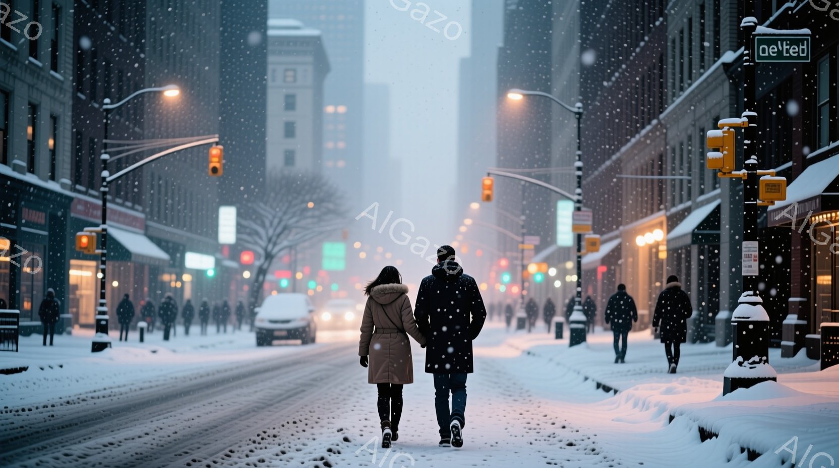 雪が舞う大都会の通りを、一対のカップルが寄り添いながら歩いている。女性はベージュ色のロングコート、男性は黒いコートを着ており、後ろ姿からは温かい雰囲気が伝わってくる。背景には高層ビルが立ち並び、雪に覆われた街並みが広がっており、静かでロマンチックな冬の日の光景が描かれている。