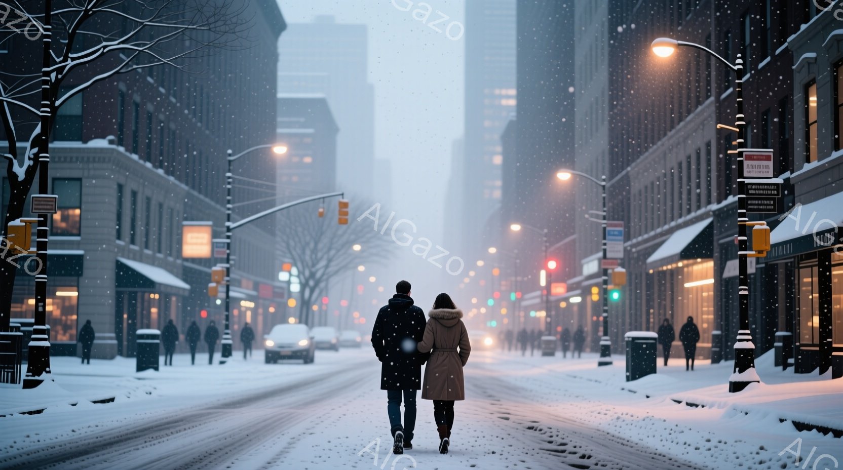 雪が降り積もる大都市の通りを、コートを着た男女が並んで歩いている。二人は後ろ姿で、表情ははっきりしないが、肩を並べていることから親密な関係であることがうかがえる。背景には、雪化粧した高層ビル群と、ぼんやりとした街灯があり、静かで幻想的な雰囲気を醸し出している。