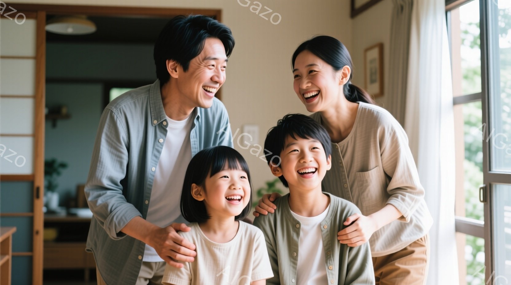 笑顔の家族が寄り添って写っています。父親は明るいベージュのシャツ、母親はゆったりとしたベージュのシャツ、子供たちはシンプルな白いシャツを着ています。背景には窓と木製の家具が見え、温かく穏やかな家庭の雰囲気が漂っています。