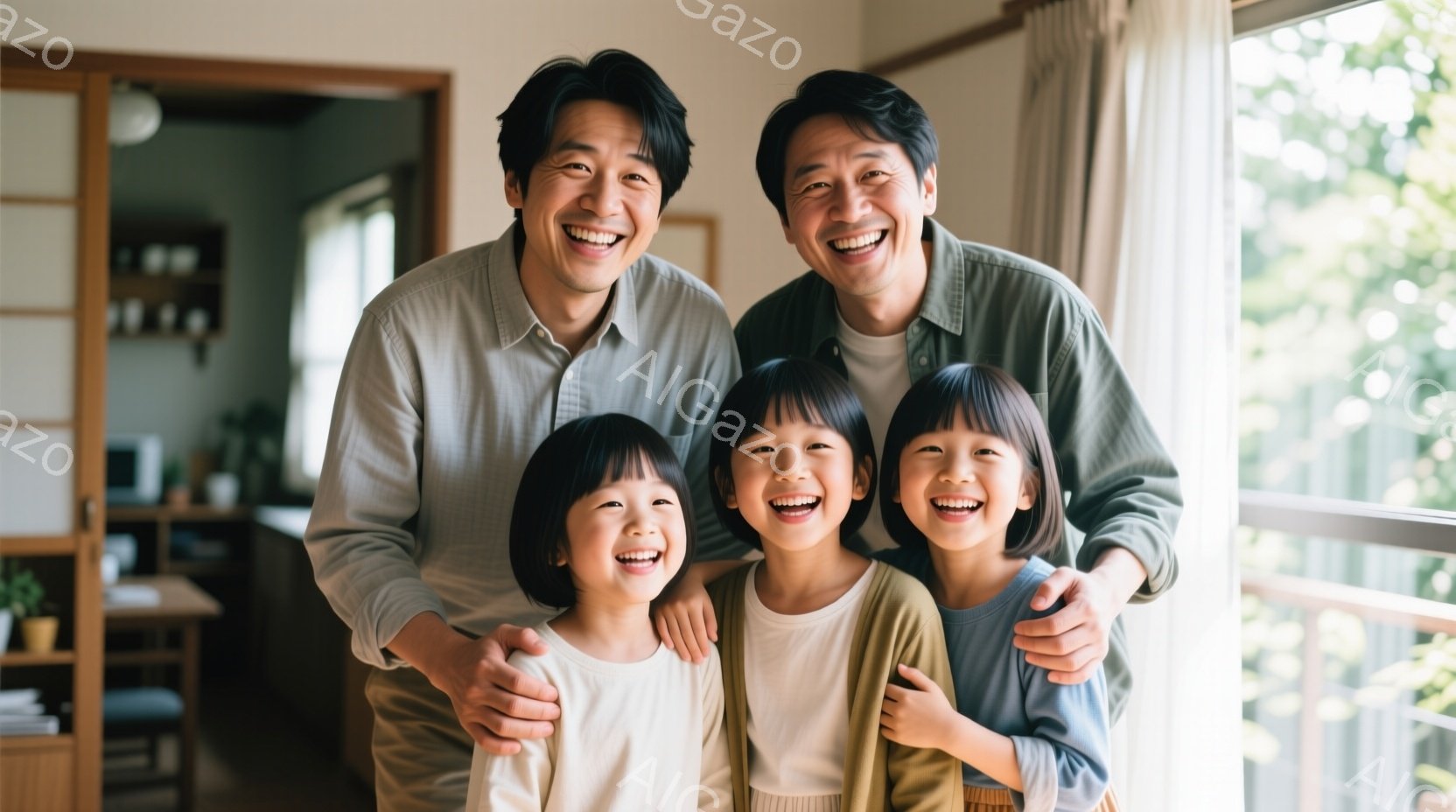 笑顔の男性2人と、幼い女の子3人が寄り添って写っています。男性たちはカジュアルなシャツを着ており、女の子たちはそれぞれ異なる色の服を着ています。室内で、窓から自然光が入っており、温かく幸せな雰囲気が漂っています。