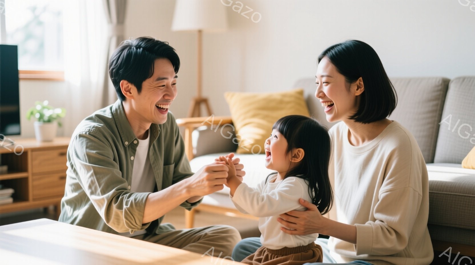 室内で、若い夫婦と幼い娘が床に座って楽しそうにしている様子が写っている。父親は緑色のシャツを着て、娘と手をつないで笑っており、母親は白いセーターを着て、満面の笑みを浮かべている。背景には木製のキャビネ - AI生成フリー素材
