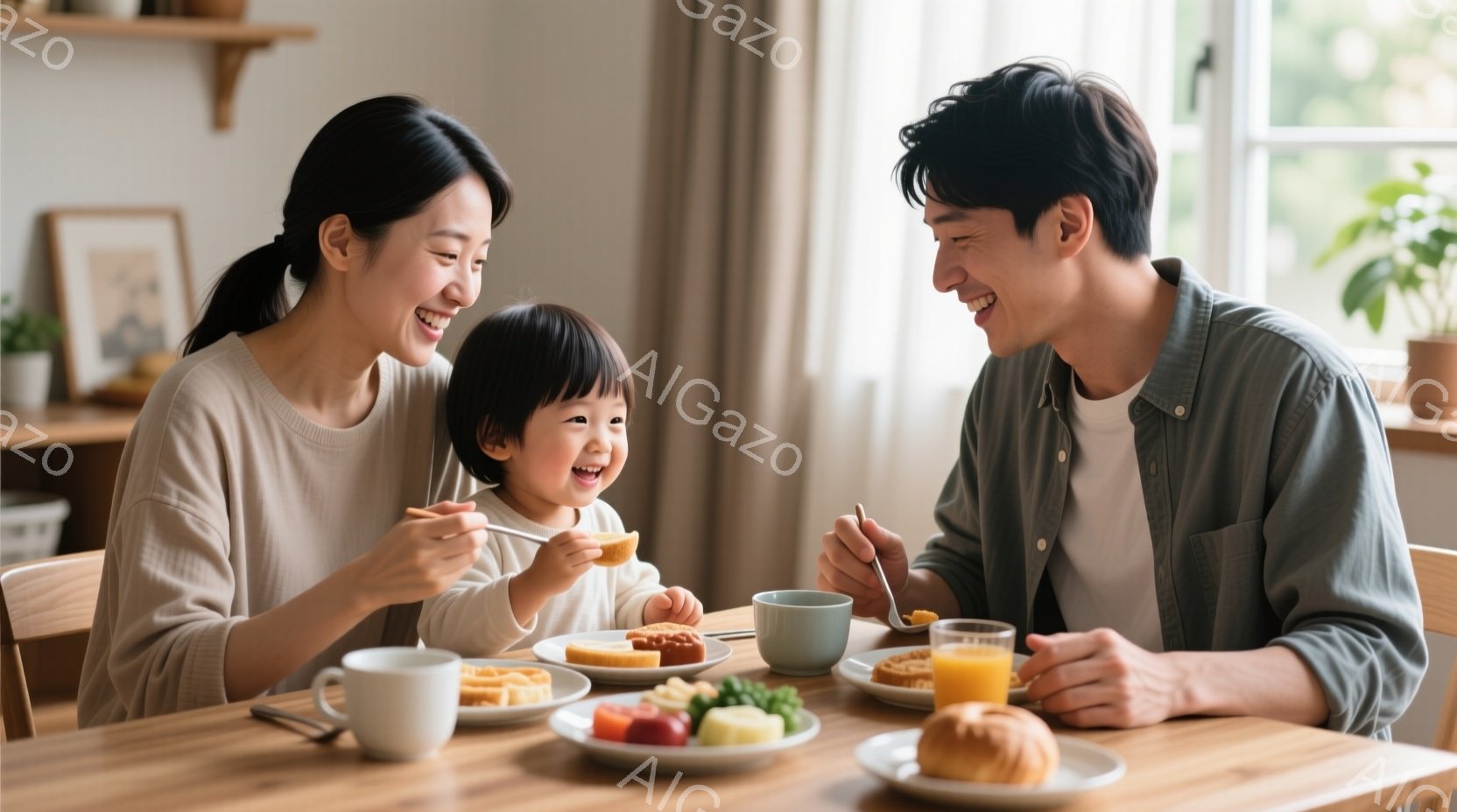 明るい食卓を囲み、母親と父親と幼い子供が朝食を楽しんでいる様子が写っている。母親は茶色の長い髪を後ろでまとめ、微笑みながら子供にトーストを運び、父親は紺色のシャツを着て、オレンジジュースを飲みながら優 - AI生成フリー素材