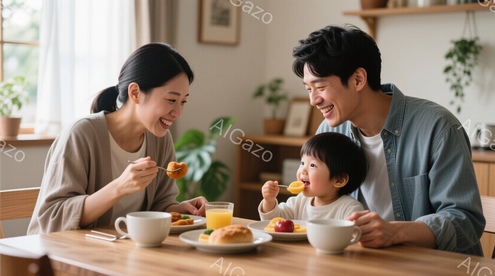 明るいキッチンで、若い夫婦と幼い子供が朝食をとっている様子が写っている。母親はベージュ色のシャツを着ており、父親は水色のシャツを着ていて、どちらも笑顔で食事を楽しんでいる。子供は白いシャツを着ており、一口サイズのものを口に運んでおり、楽しそうな表情を浮かべている。