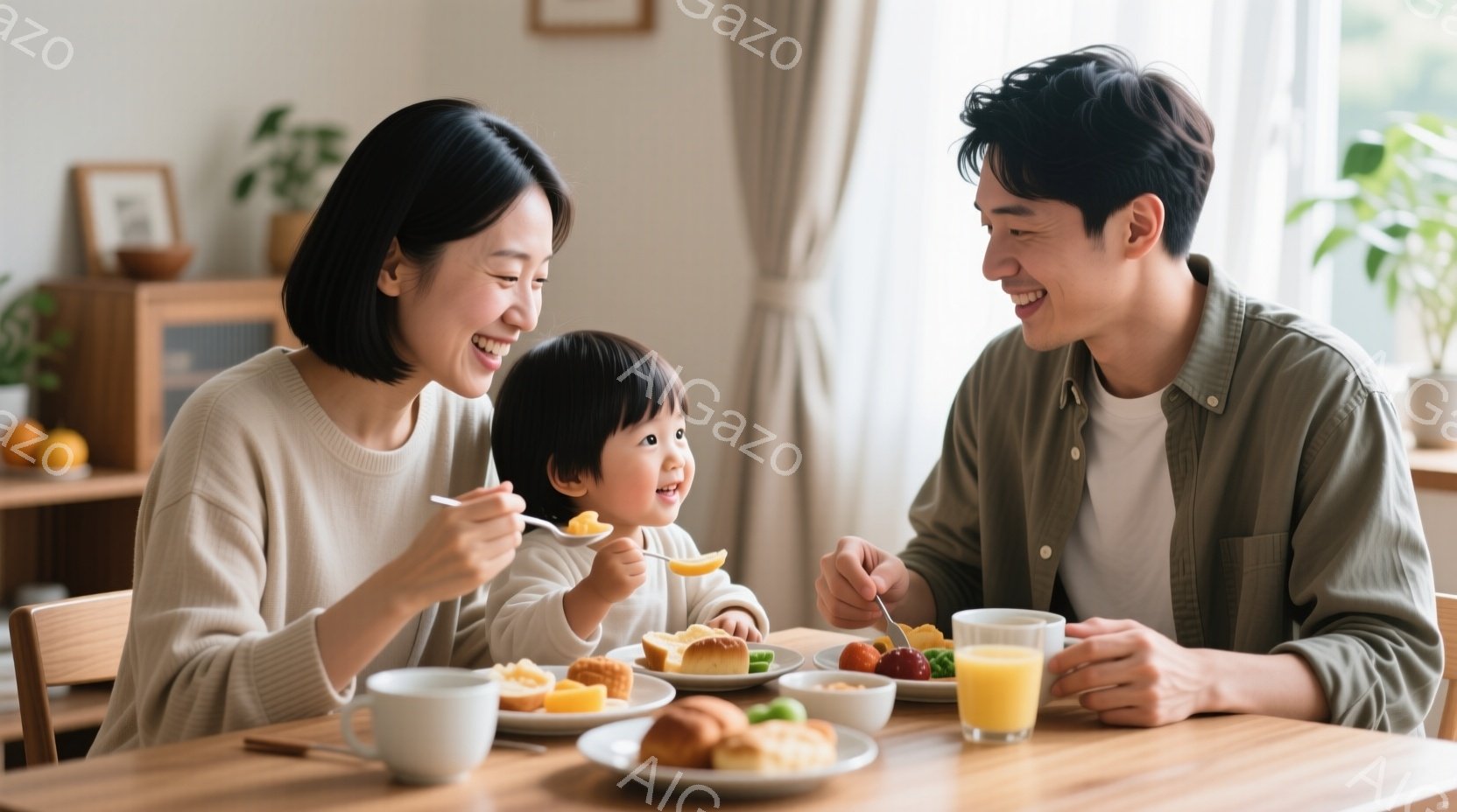 幼い子供を中心に、母親と父親が朝食をとる温かい光景が描かれています。母親は明るいベージュのセーターを着て微笑み、子供にスプーンで何かを食べさせています。父親は明るい色のシャツを着ており、優しい笑顔で子 - AI生成フリー素材