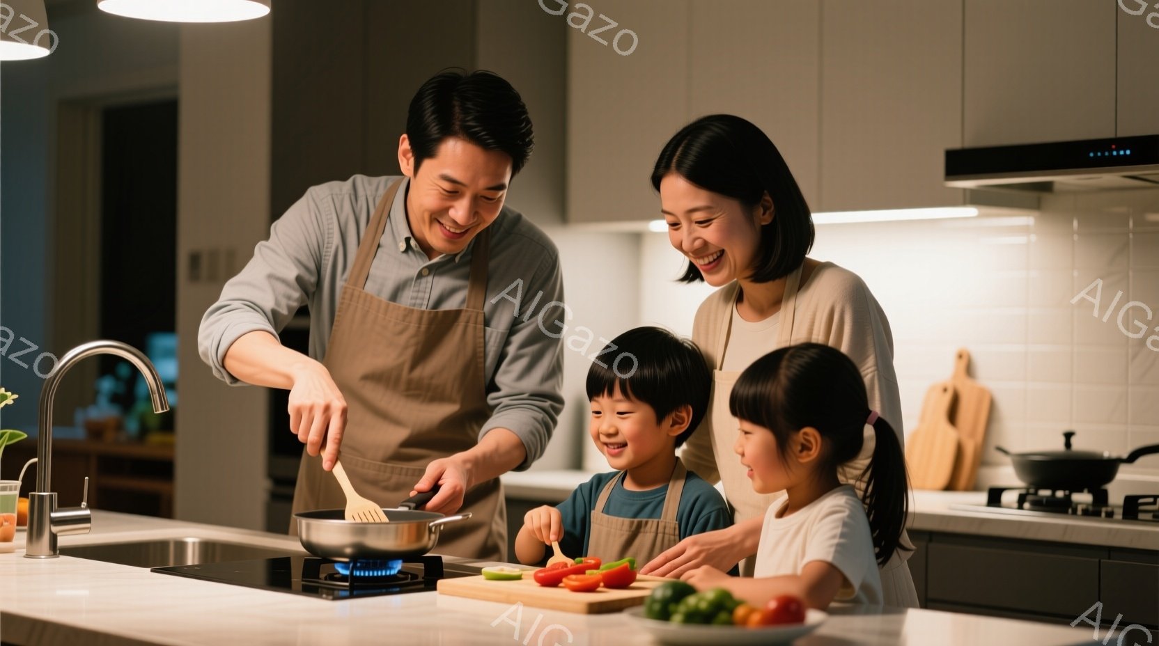 明るいキッチンで、エプロンをつけた父親がフライパンで料理をしている。母親と二人の子供たちはカウンターに座り、野菜を切ったり、料理を見たりして楽しんでいる。背景には白いタイルと調理器具が見え、家族の温かい雰囲気が伝わってくる。