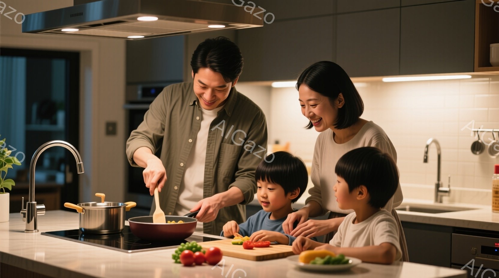キッチンで家族が料理をしている様子が描かれている。父親はエプロンをつけてフライパンで何かを炒めており、母親と二人の子供たちはカウンターを見ながら笑顔でそれを見守っている。背景には調理器具や食器が並び、暖色系の照明が温かい家庭的な雰囲気を醸し出している。