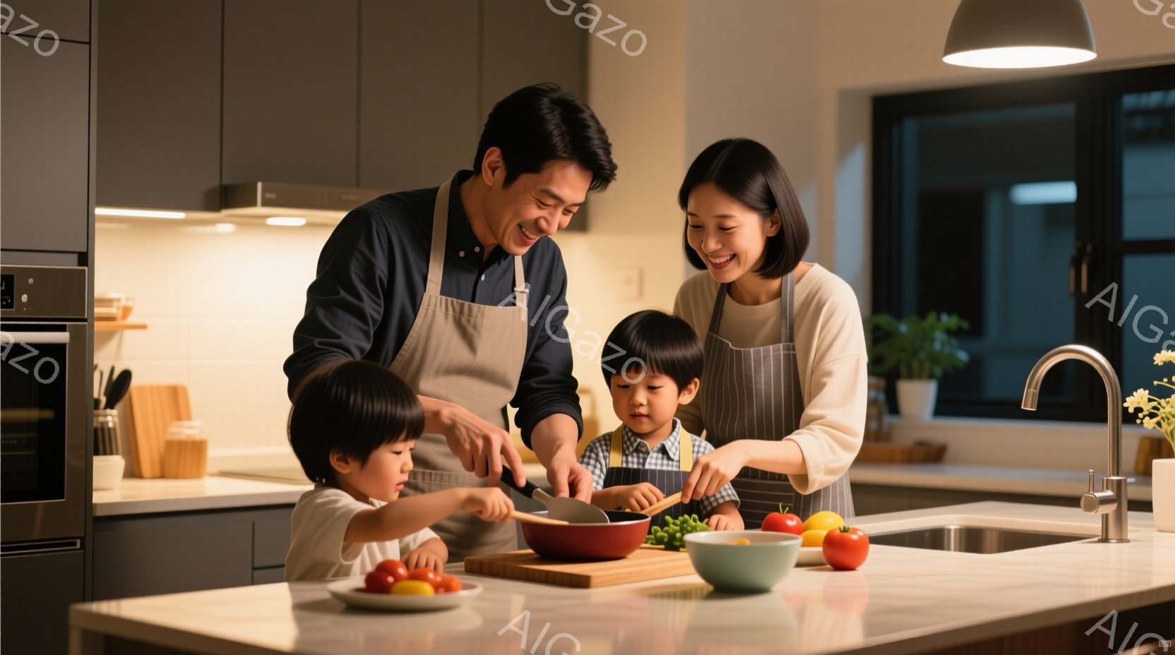 明るいキッチンで、エプロンを着た父親と母親が、幼い息子たちと一緒に料理をしている様子が描かれています。父親は野菜を刻み、母親は別の野菜を洗う手伝いをしながら、息子たちは興味津々にそれを見守っています。背景には木製のキャビネットとステンレス製の調理器具が並び、温かく幸せな家庭の雰囲気が漂っています。