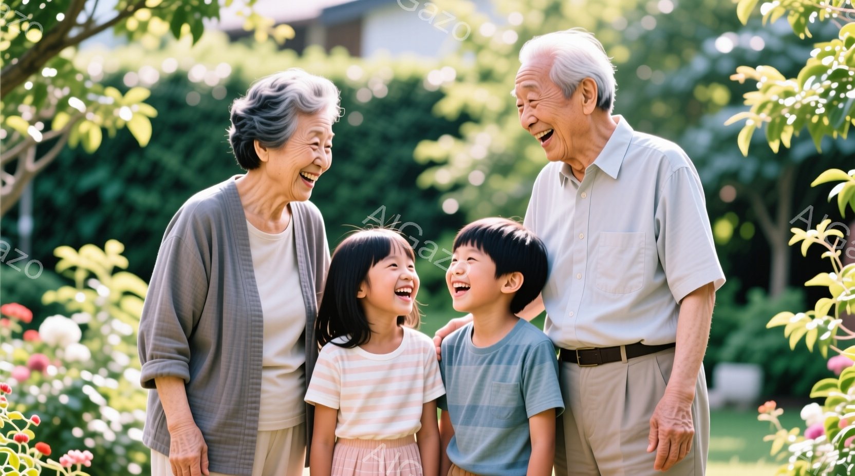 白髪の祖母と祖父が、それぞれ白いシャツと灰色のカーディガン、青いシャツとベルトを着て、笑顔で並んでいます。二人の孫は、それぞれピンクと水色の服を着て、楽しそうに笑っています。背景には緑豊かな庭と建物が - AI生成フリー素材