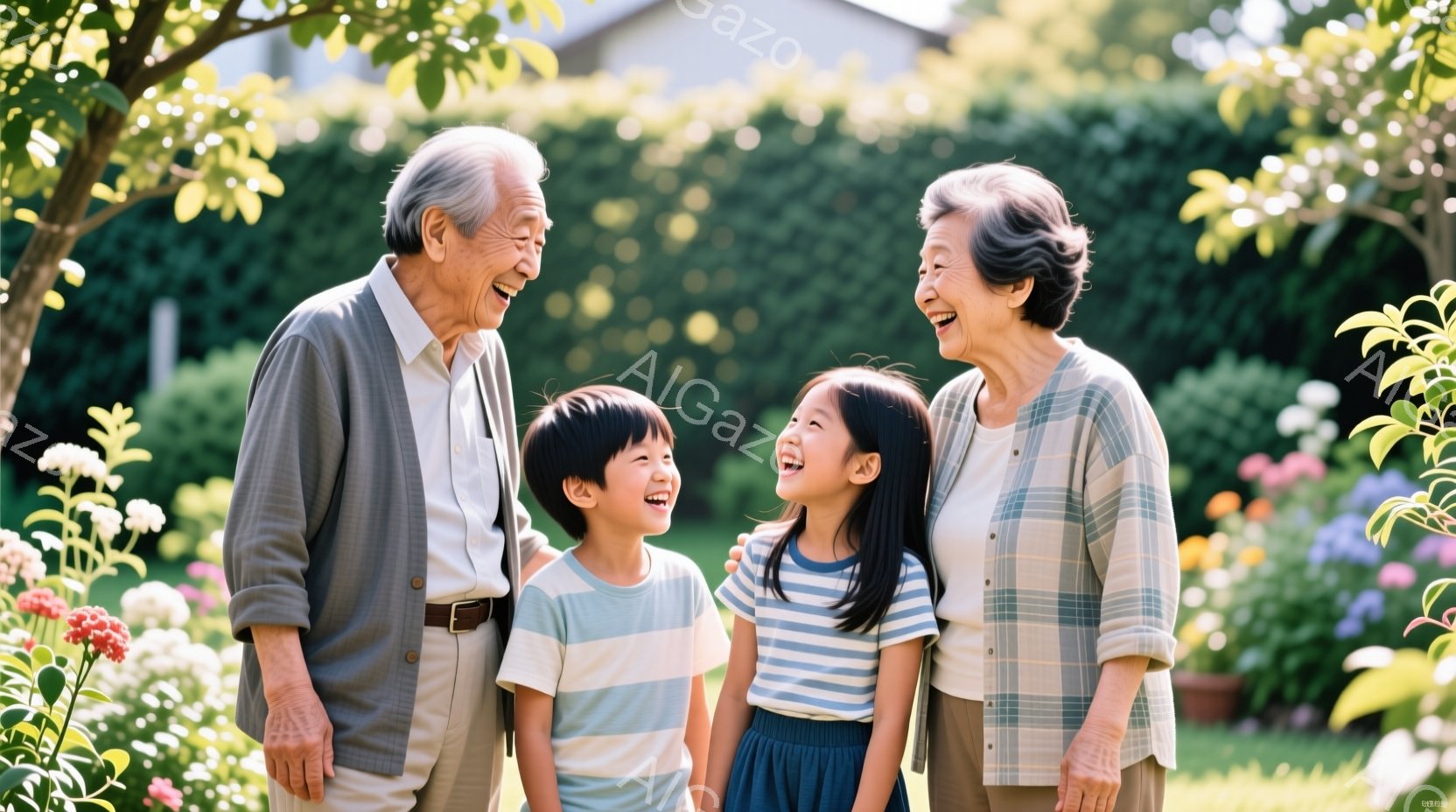 笑顔の高齢夫婦と二人の子供が写っています。おじいさんはベージュ色のパンツにグレーのジャケット、おばあさんは白地に青いストライプのシャツを着ています。子供たちはそれぞれ青と白のボーダーのシャツを着ており、皆が庭の花壇の前で楽しそうに笑っています。