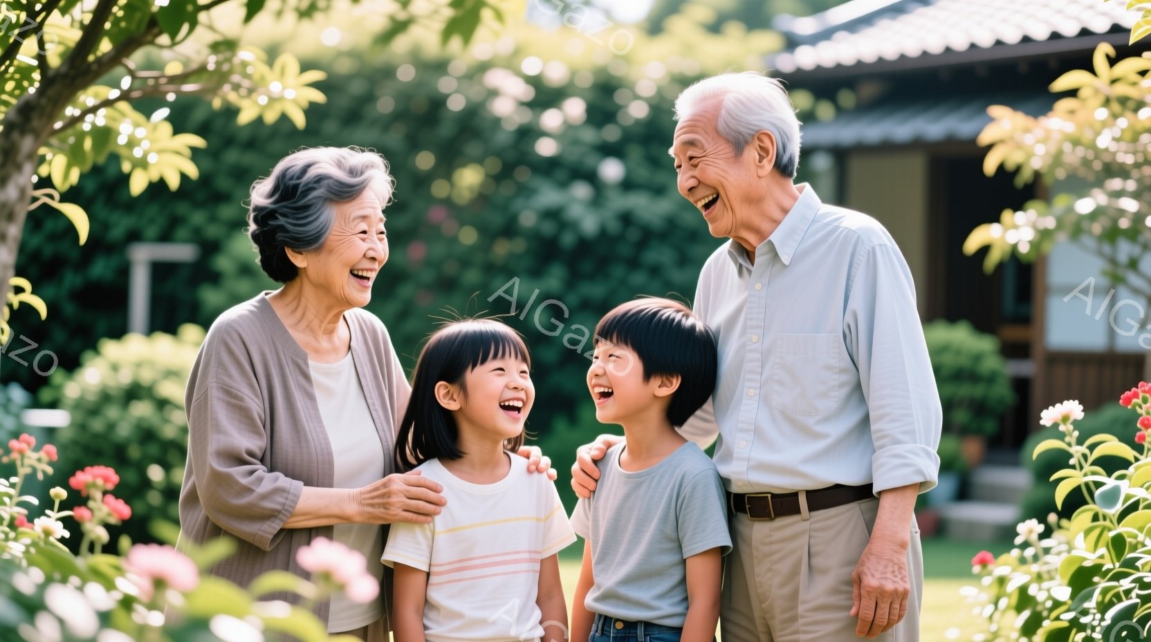 祖母と祖父に挟まれた二人の子供が、皆笑顔でこちらを見ている。祖母は薄い灰色のカーディガンを、祖父は薄い青色のシャツとベルトを着用しており、子供たちはそれぞれ白地にストライプの入ったTシャツを着ている。背景には緑豊かな庭と日本の伝統的な家屋が見え、晴れた日の穏やかな雰囲気を感じさせる。