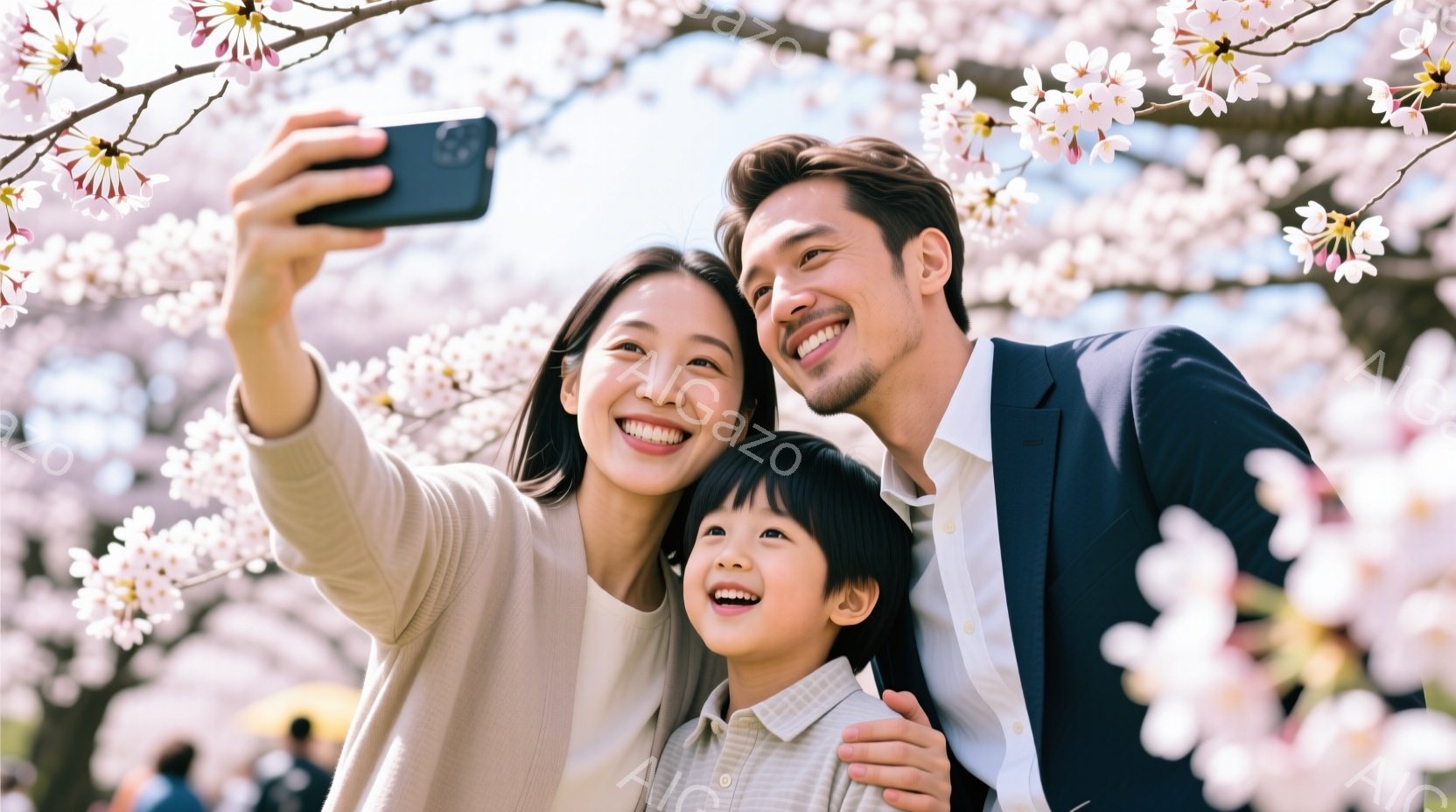 桜の満開の木の下で、笑顔の女性がスマートフォンで自撮りをしている。彼女はベージュ色のカーディガンを着ており、短い黒髪に整えられている。隣には、白いシャツを着た少年がおり、彼女に寄り添って微笑んでいる。