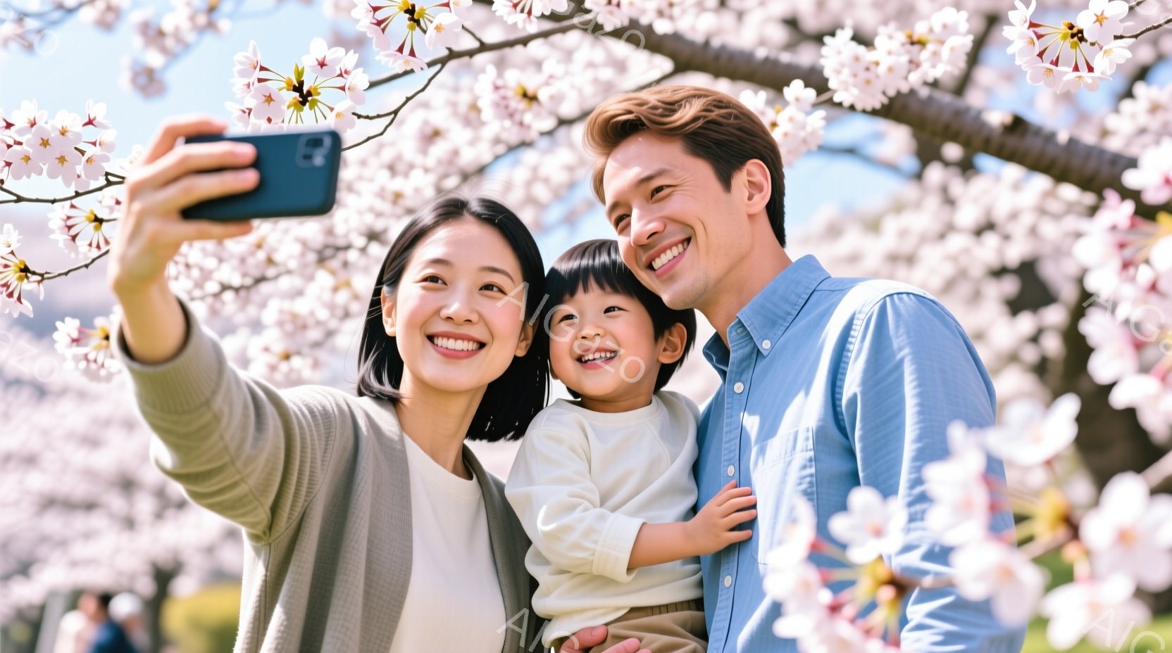 桜の花びらが満開の美しい背景で、若い夫婦とその幼い子供が自撮り写真をとっています。母親はベージュのカーディガンを着用し、髪を後ろにまとめ、笑顔を見せています。父親は青いシャツを着ており、子供を抱きかかえながら笑顔でカメラを見ており、全体的に暖かく幸せな雰囲気が漂っています。