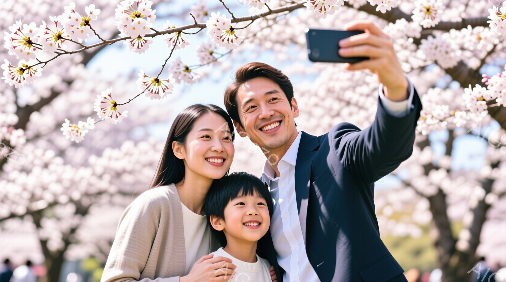 桜の木の下で、笑顔の家族がセルフィーを撮っています。母親はベージュのセーターを着ており、息子は白いセーター、父親は紺色のスーツを着ています。背景には、満開の桜の花が咲き乱れ、春の暖かな日差しが感じられる、幸せな雰囲気の画像です。