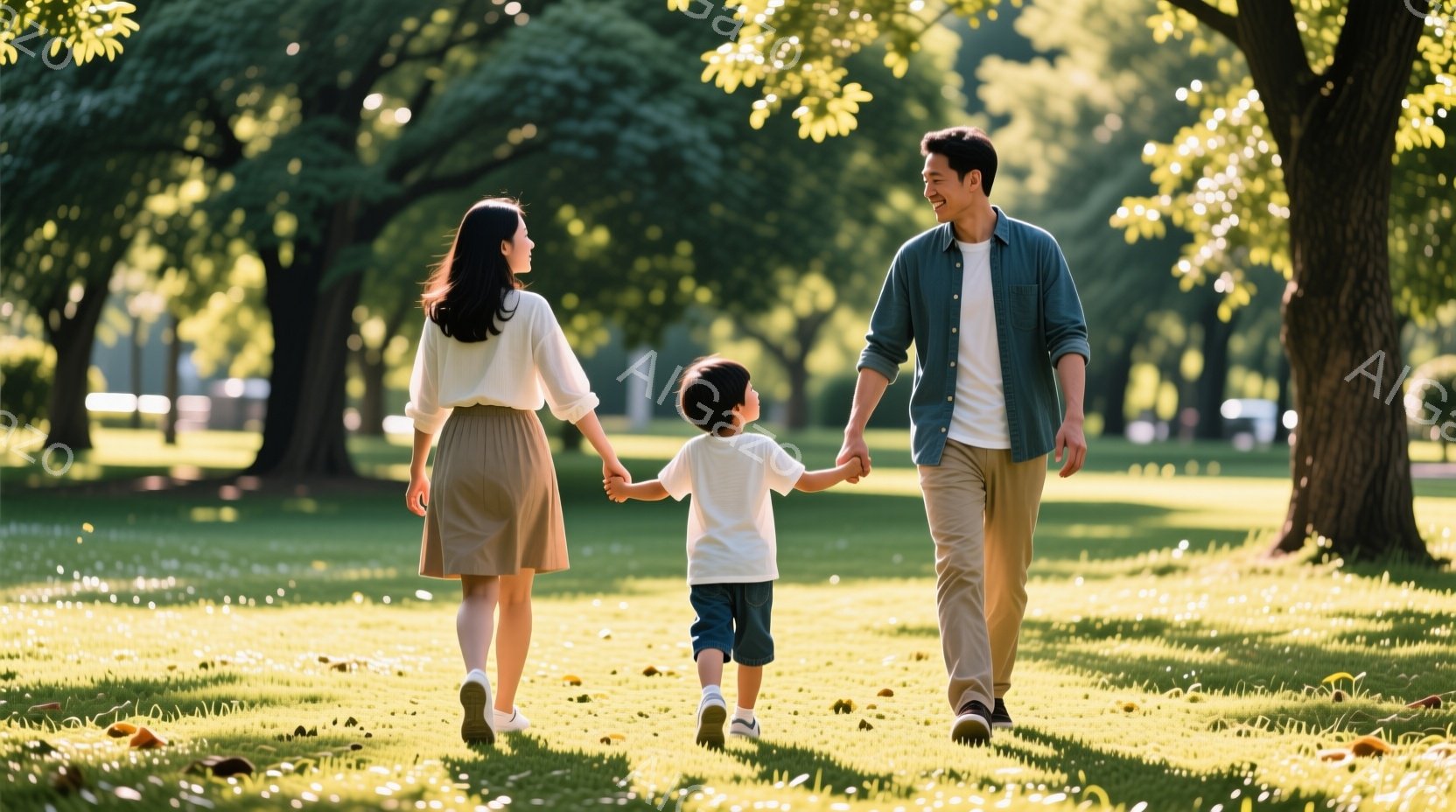 見晴らしの良い公園で、母親と幼い息子が手をつないで歩いている様子が写っている。母親は白いブラウスにベージュのスカート姿で、ロングヘアを背中に垂らしている。息子は青いTシャツと短パン姿で、元気よく母親と並んで歩いている。