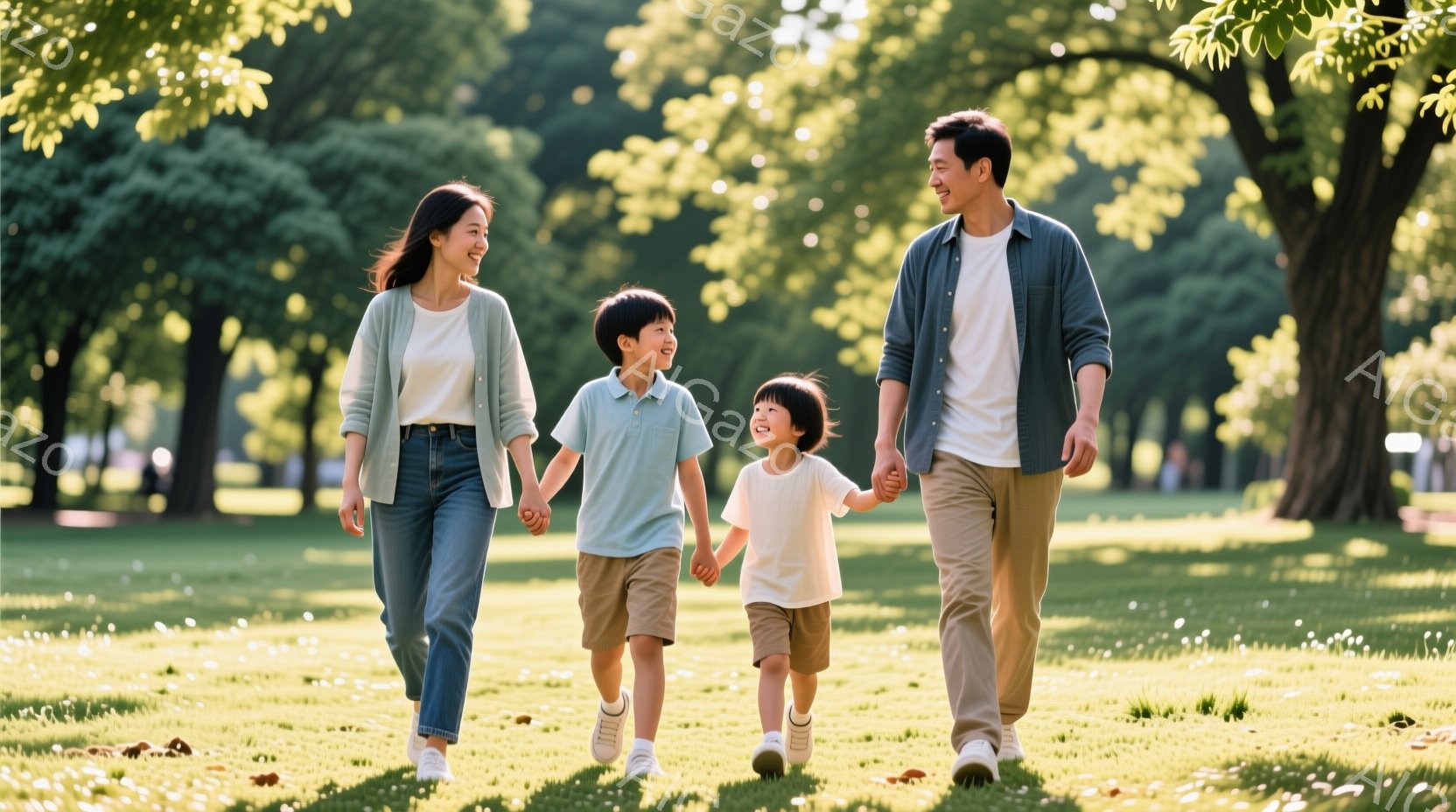 母親と二人の息子が緑豊かな公園を並んで歩いている。母親は白いシャツにデニムジャケット、ジーンズ、スニーカーを着用し、息子たちはそれぞれ水色のシャツとベージュ色のショートパンツ、白いスニーカーを履いている。全員が笑顔で、太陽の光が差し込む穏やかな雰囲気の中で、リラックスした散歩を楽しんでいる様子が伝わってくる。