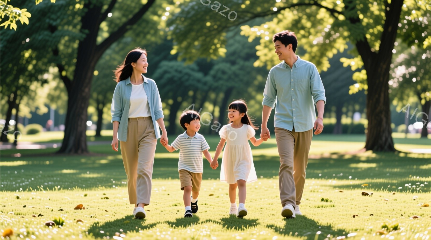 家族が公園の緑豊かな道で手をつないで歩いている。母親はベージュ色のパンツと白いシャツを着て、髪は肩まで伸びている。父親は明るい緑色のシャツを着ており、子供たちはそれぞれ白いシャツまたはワンピースを着ており、笑顔で前を見ている。